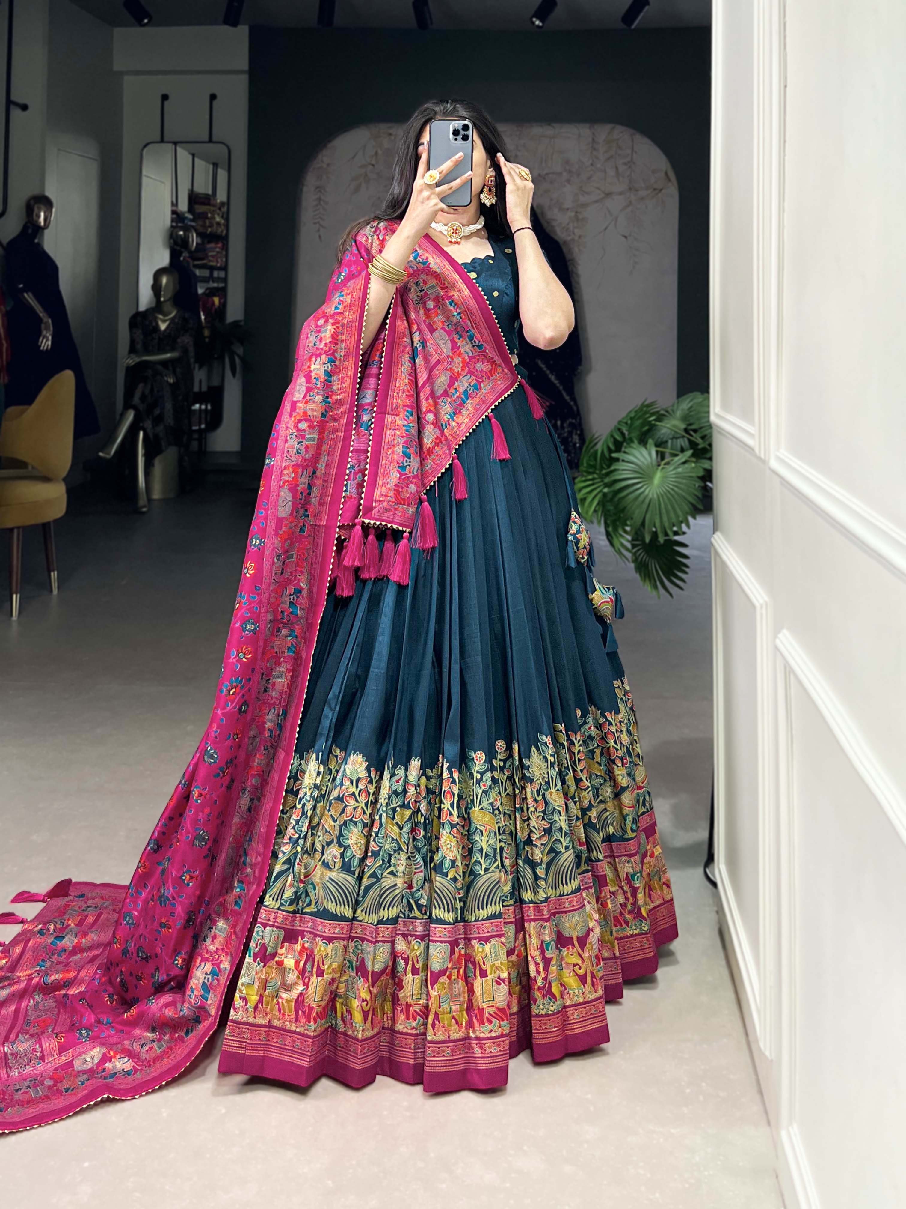 Beautiful Persian Blue Traditional Tussar Silk Printed With Foil Work Lehenga Choli