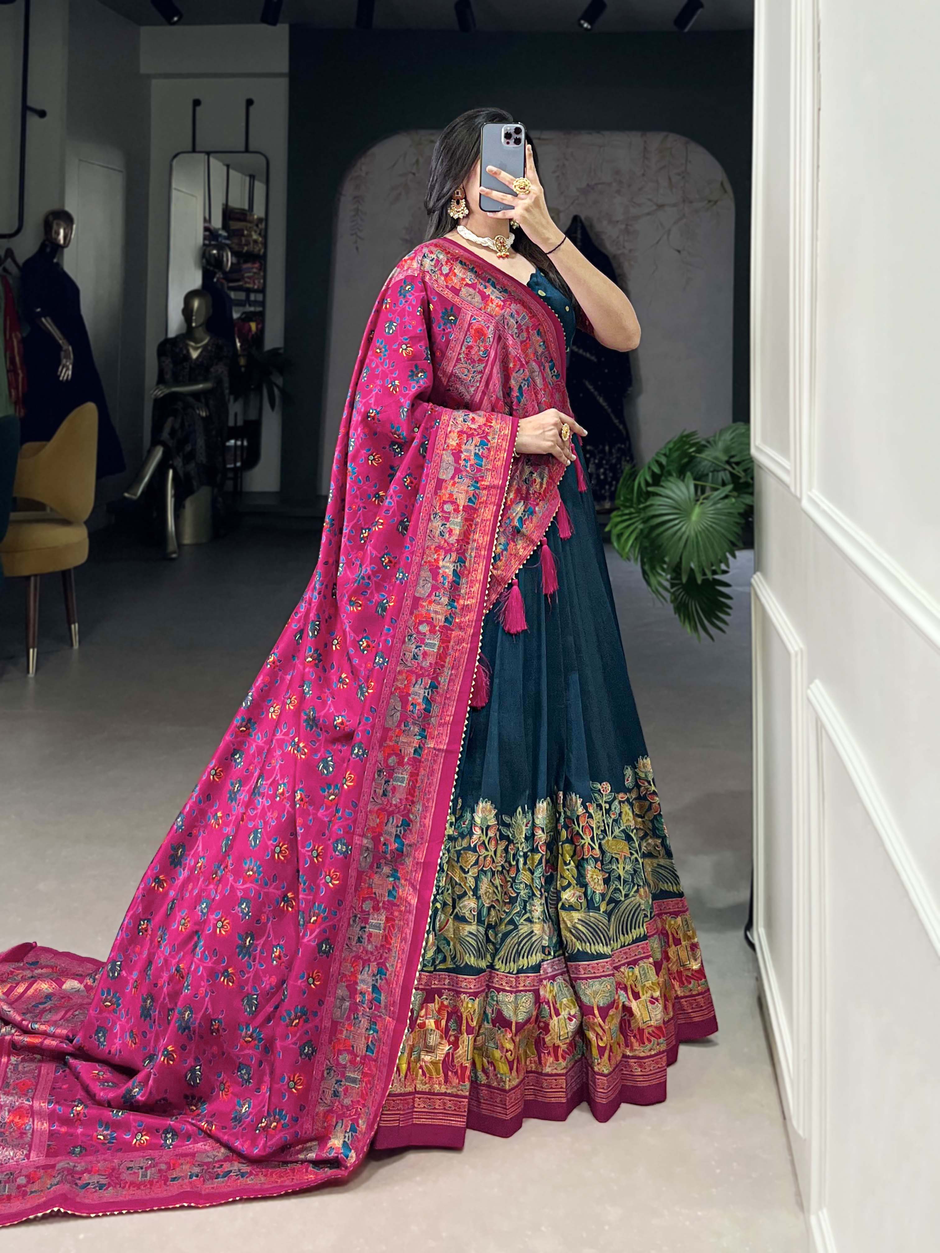 Beautiful Persian Blue Traditional Tussar Silk Printed With Foil Work Lehenga Choli