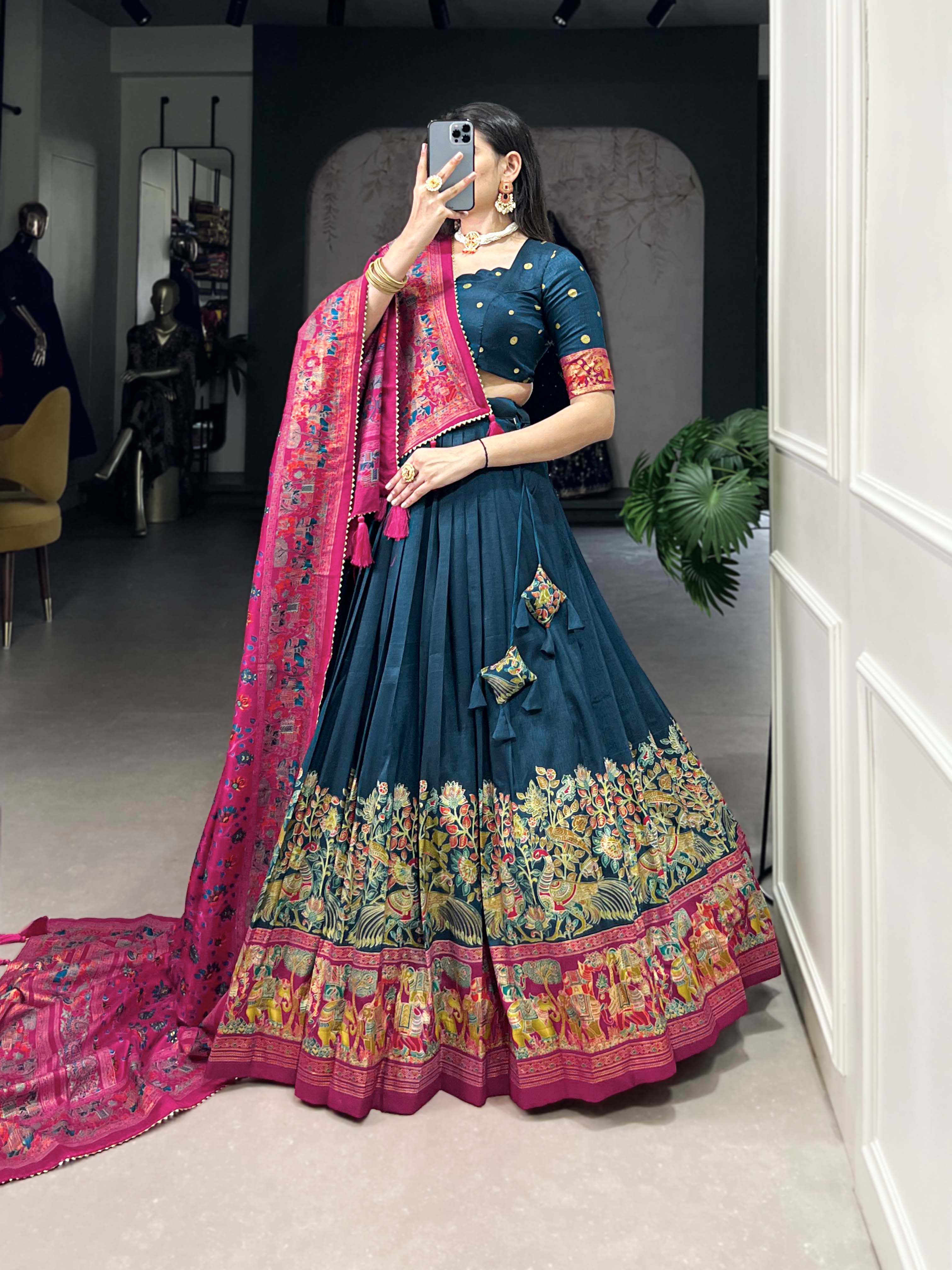Beautiful Persian Blue Traditional Tussar Silk Printed With Foil Work Lehenga Choli