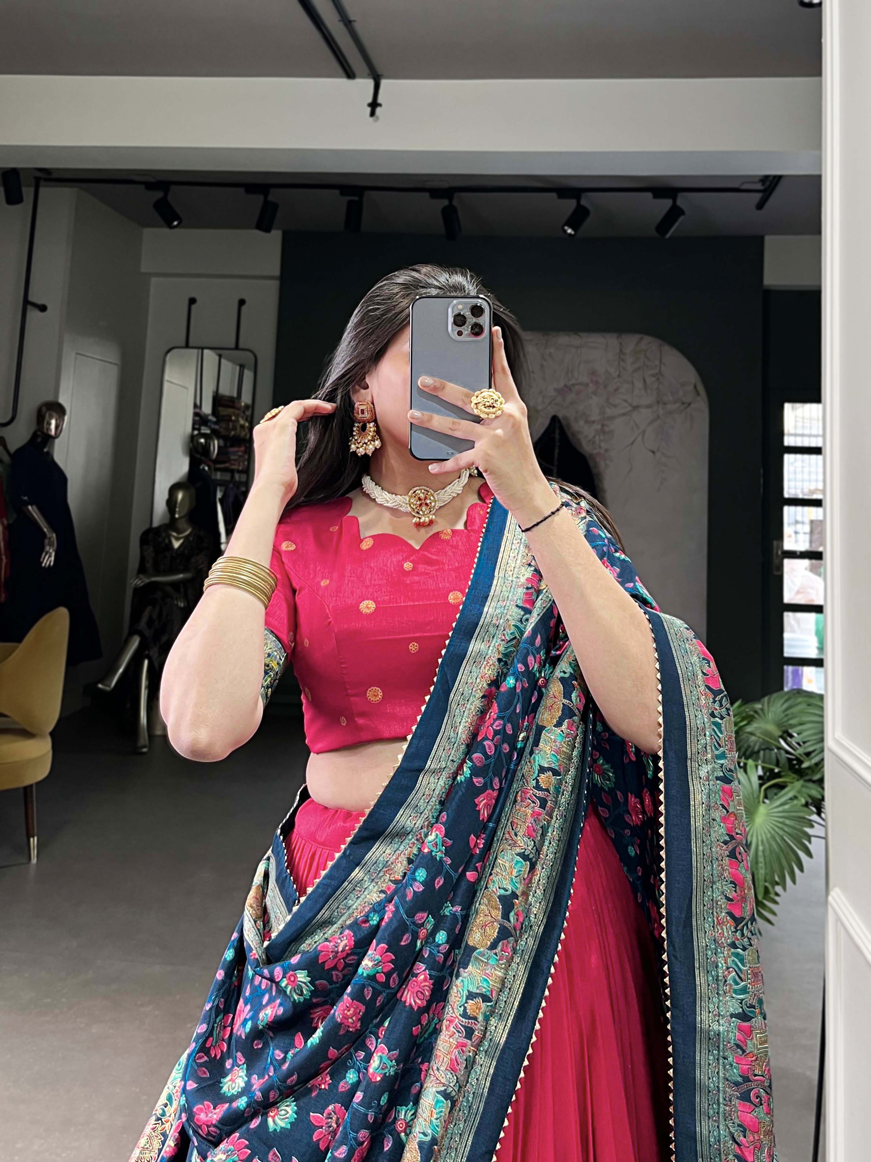 Beautiful Pink Traditional Tussar Silk Printed With Foil Work Lehenga Choli
