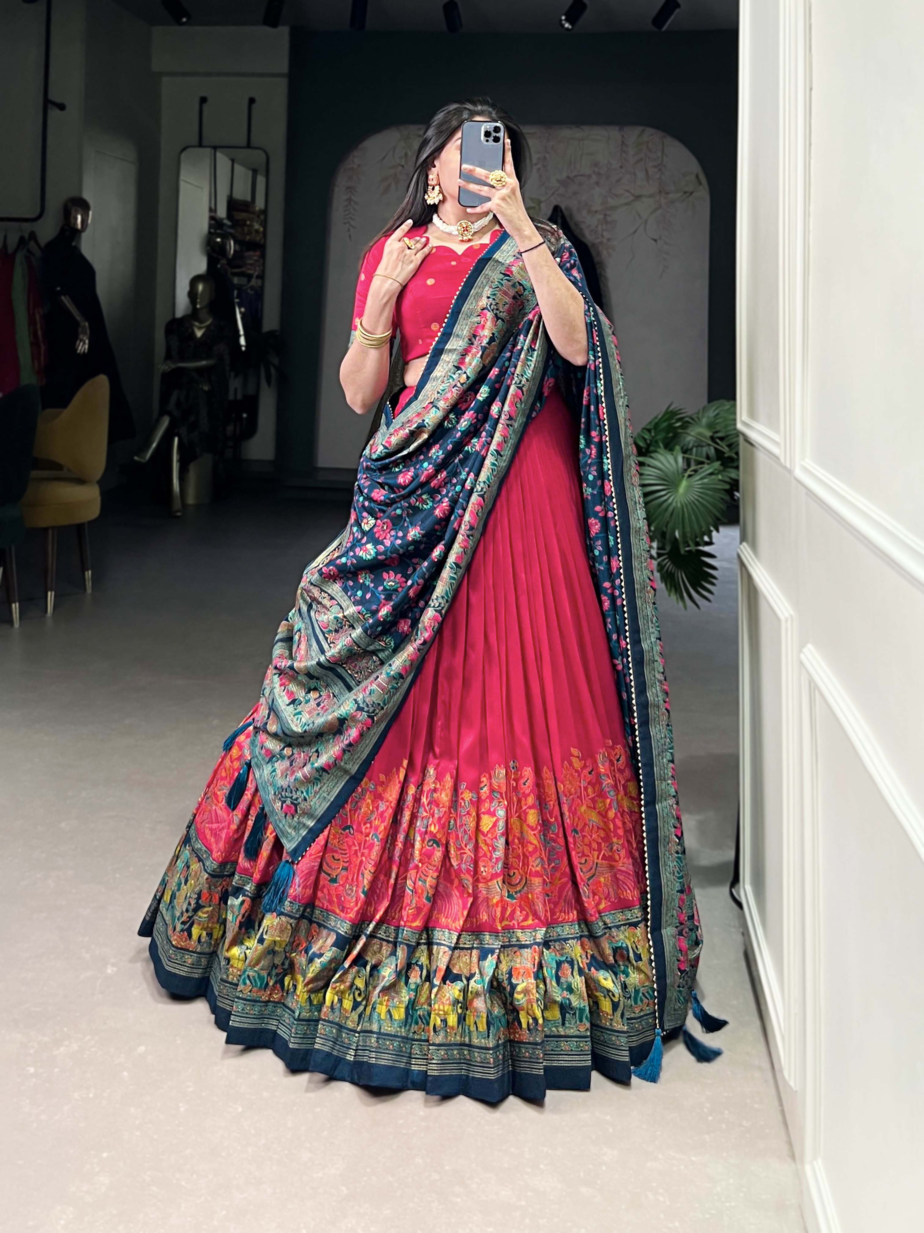 Beautiful Pink Traditional Tussar Silk Printed With Foil Work Lehenga Choli