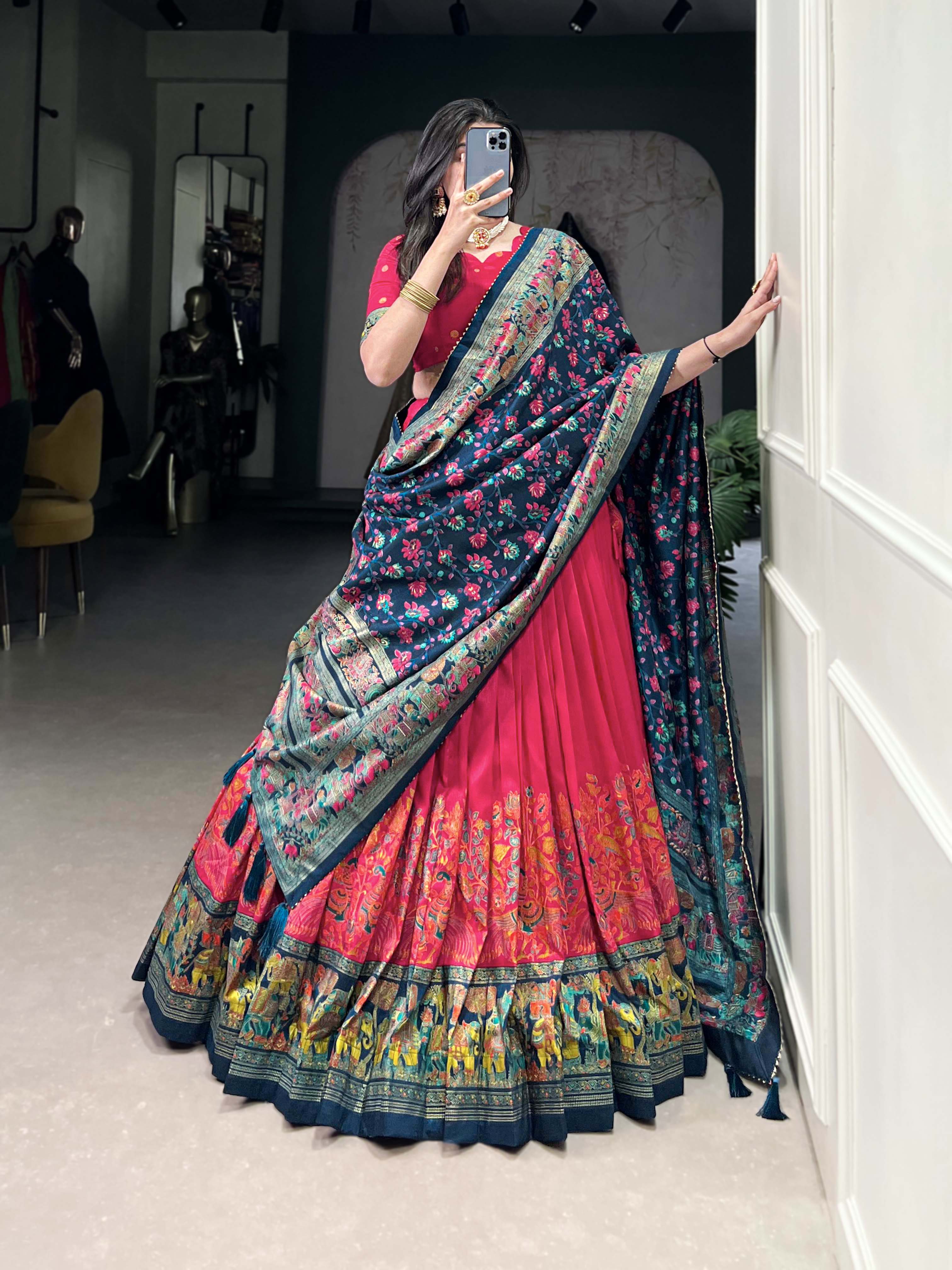 Beautiful Pink Traditional Tussar Silk Printed With Foil Work Lehenga Choli