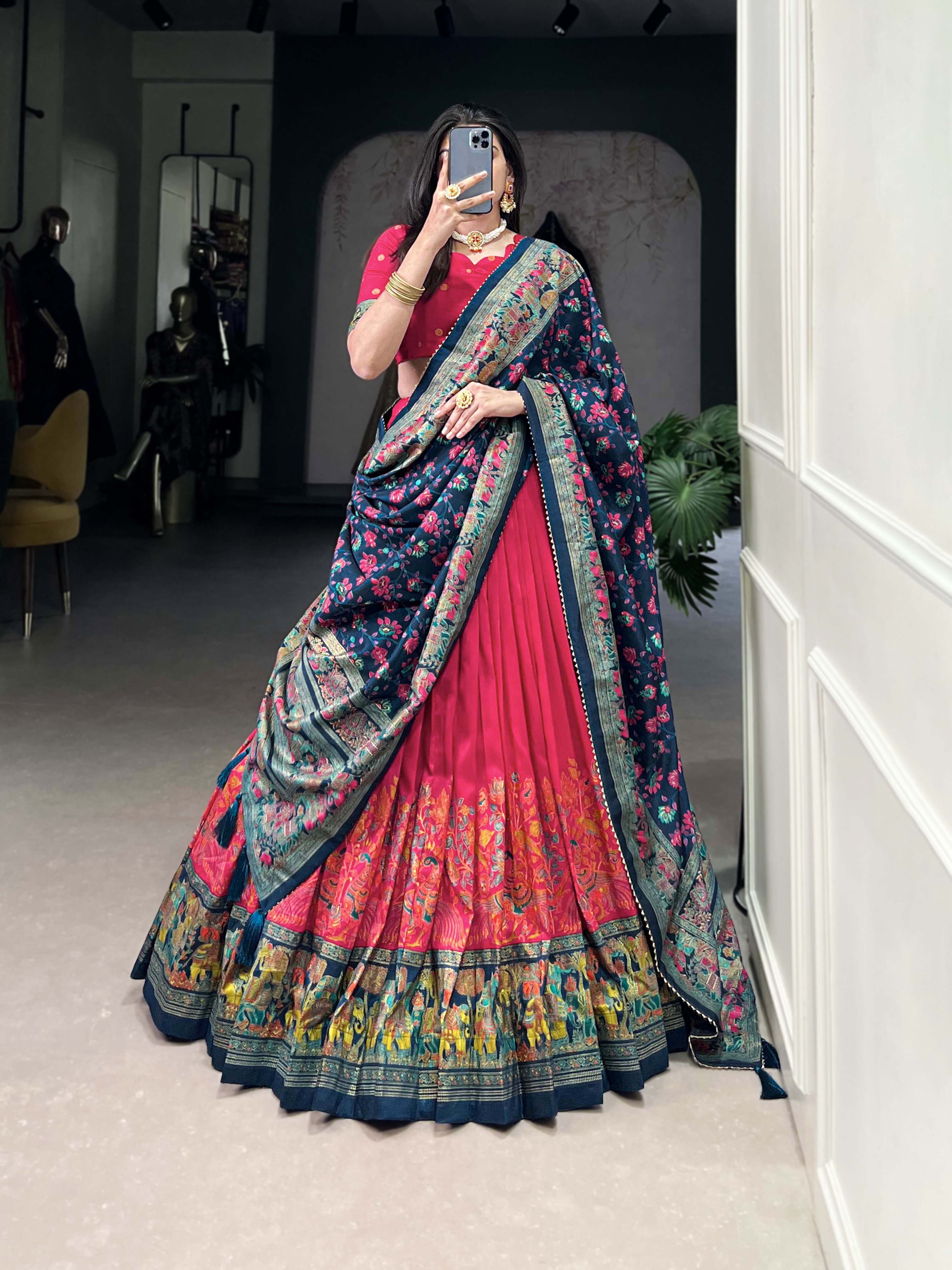 Beautiful Pink Traditional Tussar Silk Printed With Foil Work Lehenga Choli