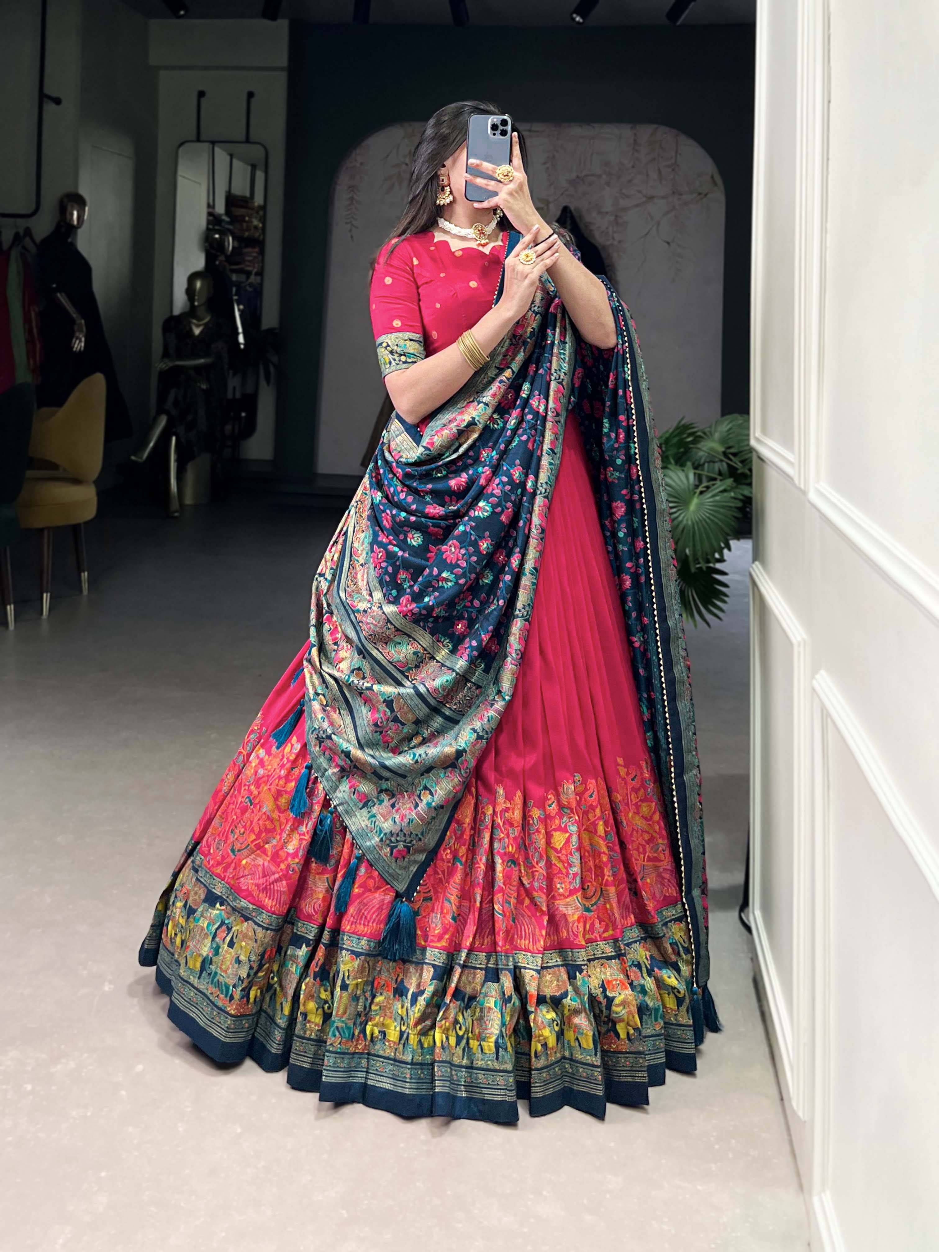 Beautiful Pink Traditional Tussar Silk Printed With Foil Work Lehenga Choli