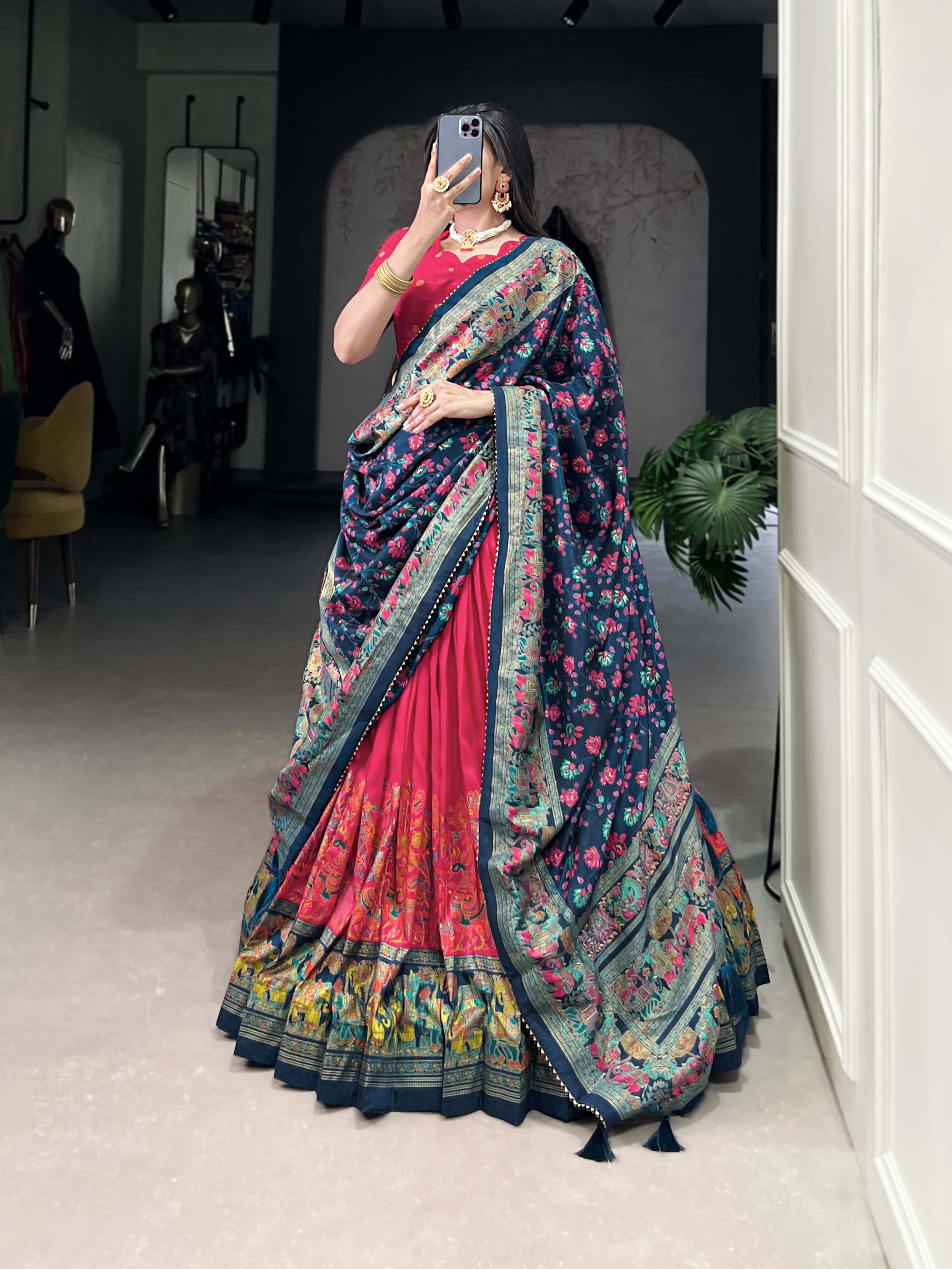 Beautiful Pink Traditional Tussar Silk Printed With Foil Work Lehenga Choli