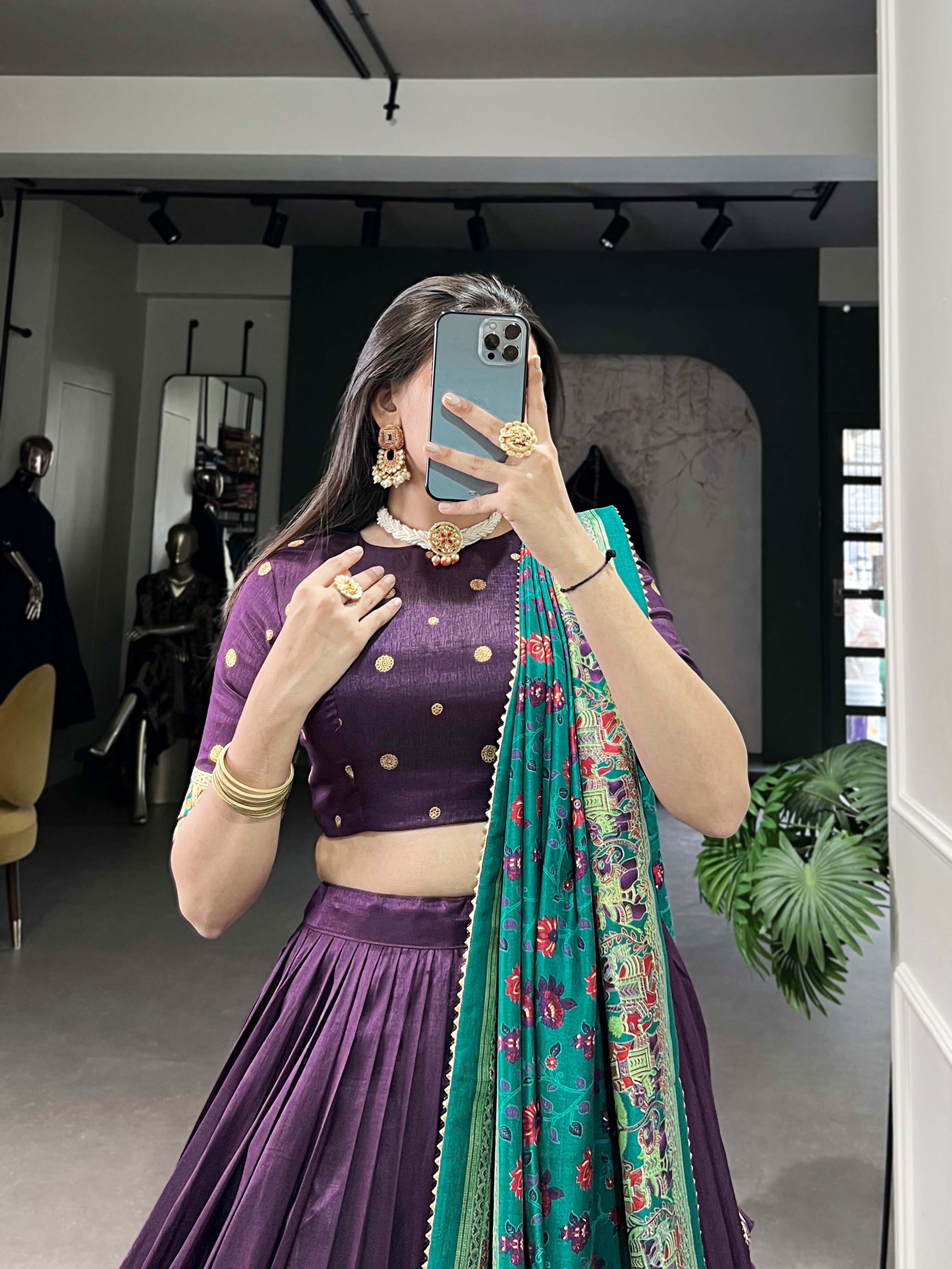 Beautiful Purple Traditional Tussar Silk Printed With Foil Work Lehenga Choli
