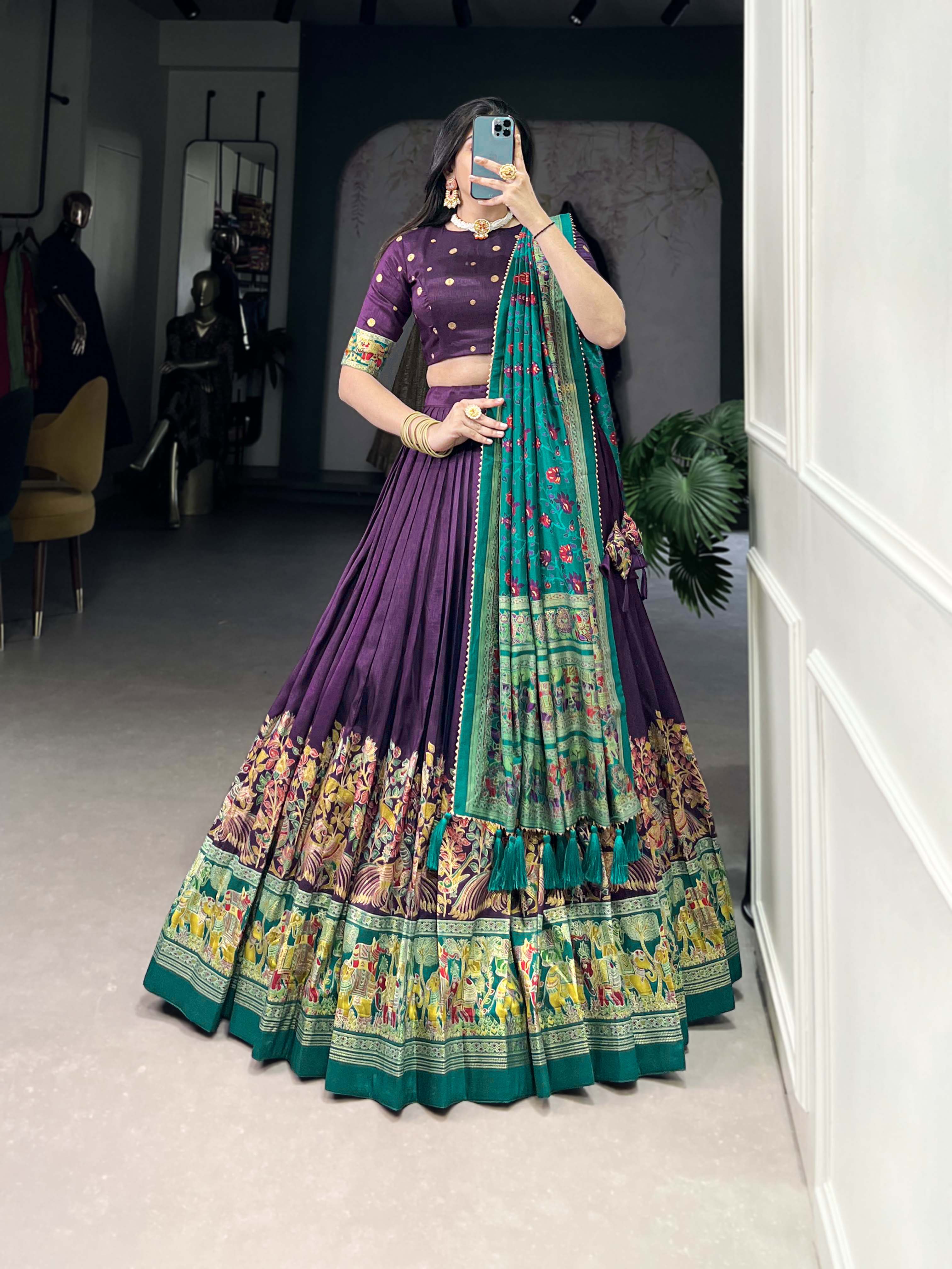 Beautiful Purple Traditional Tussar Silk Printed With Foil Work Lehenga Choli