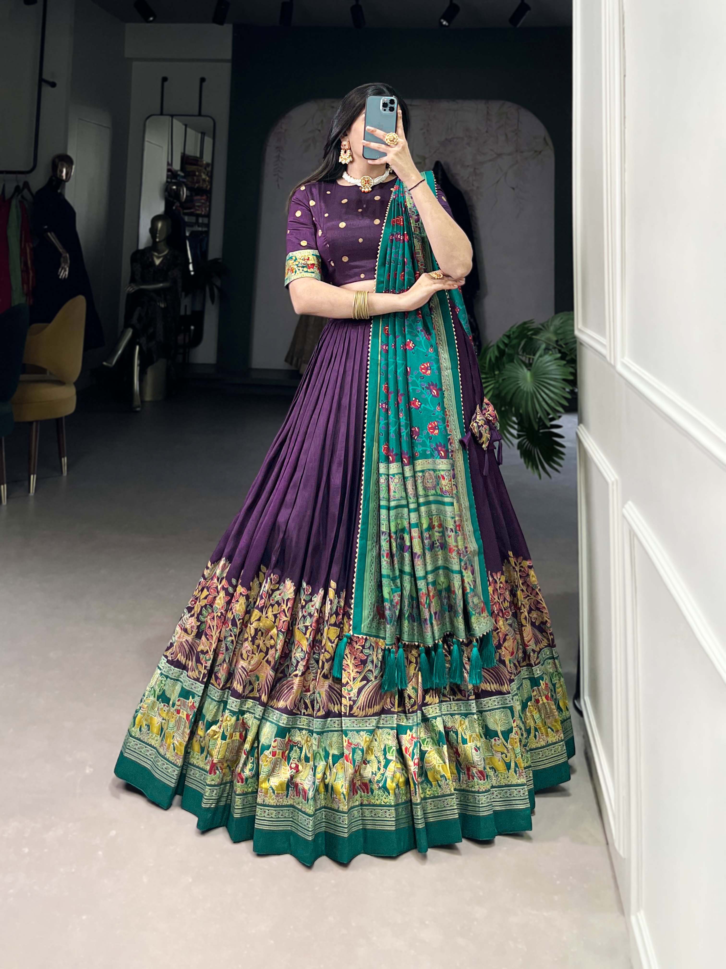 Beautiful Purple Traditional Tussar Silk Printed With Foil Work Lehenga Choli