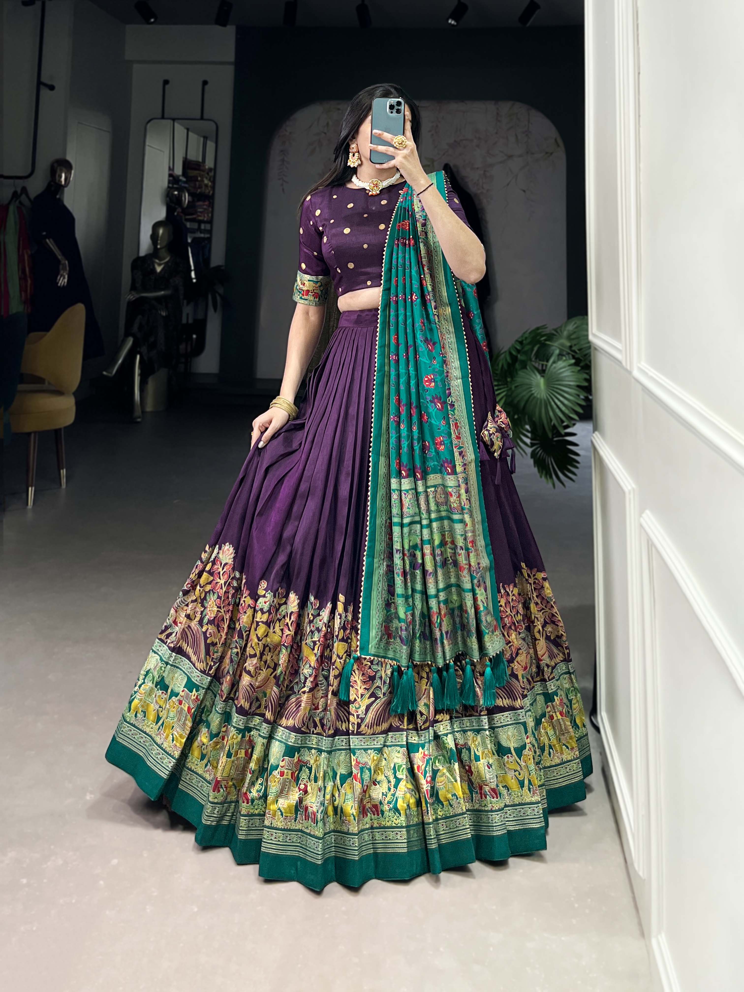 Beautiful Purple Traditional Tussar Silk Printed With Foil Work Lehenga Choli