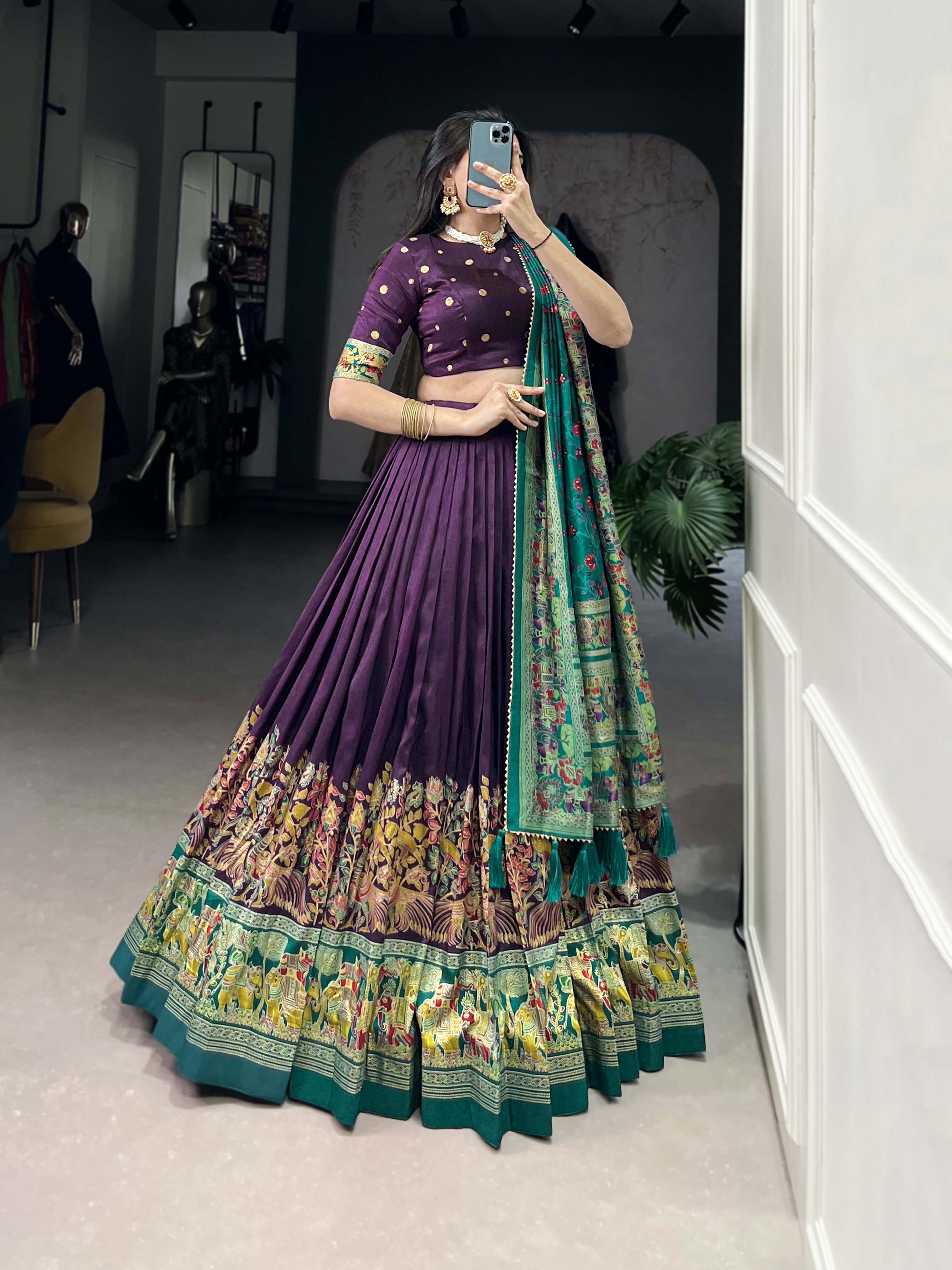 Beautiful Purple Traditional Tussar Silk Printed With Foil Work Lehenga Choli