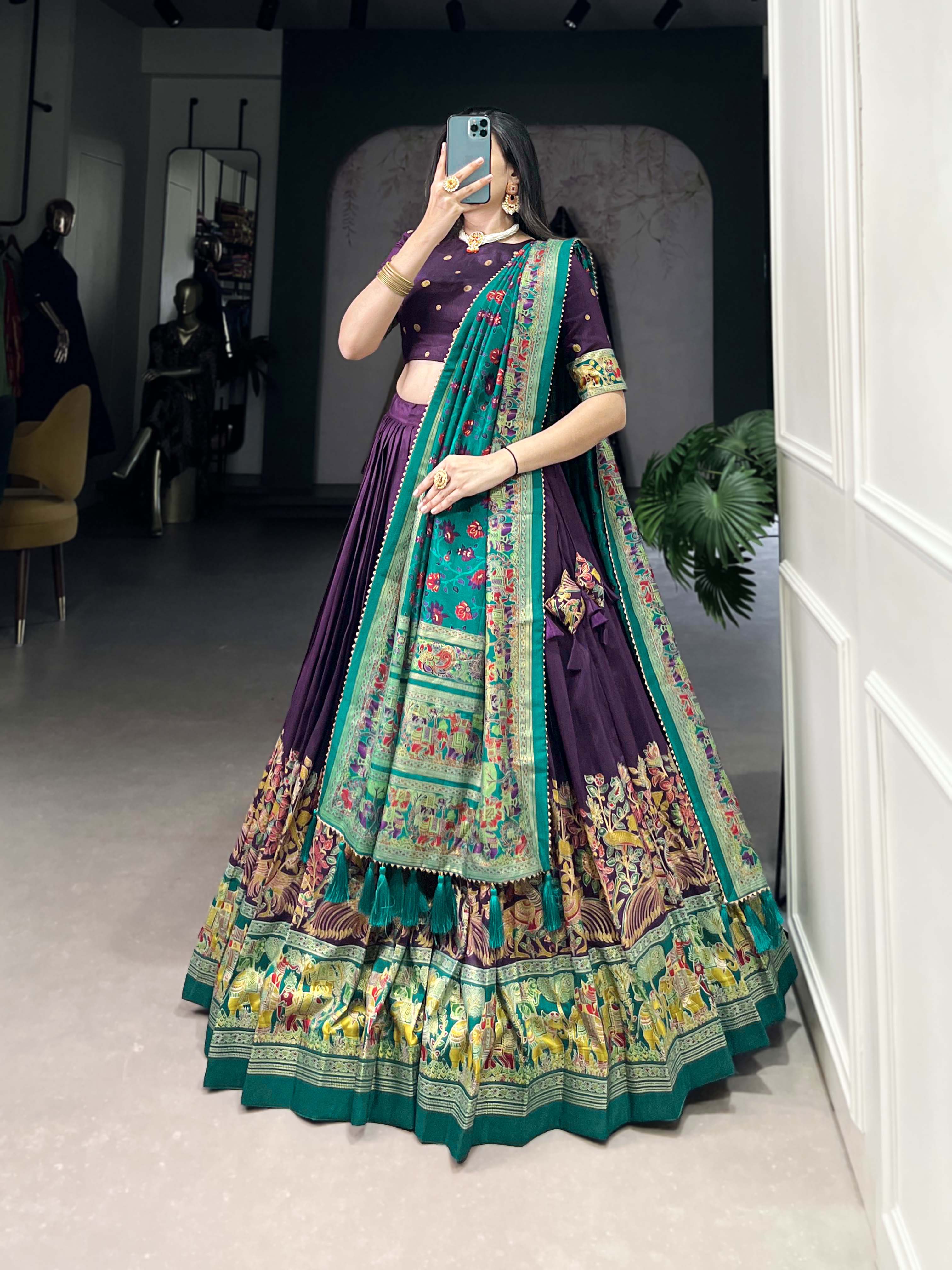 Beautiful Purple Traditional Tussar Silk Printed With Foil Work Lehenga Choli