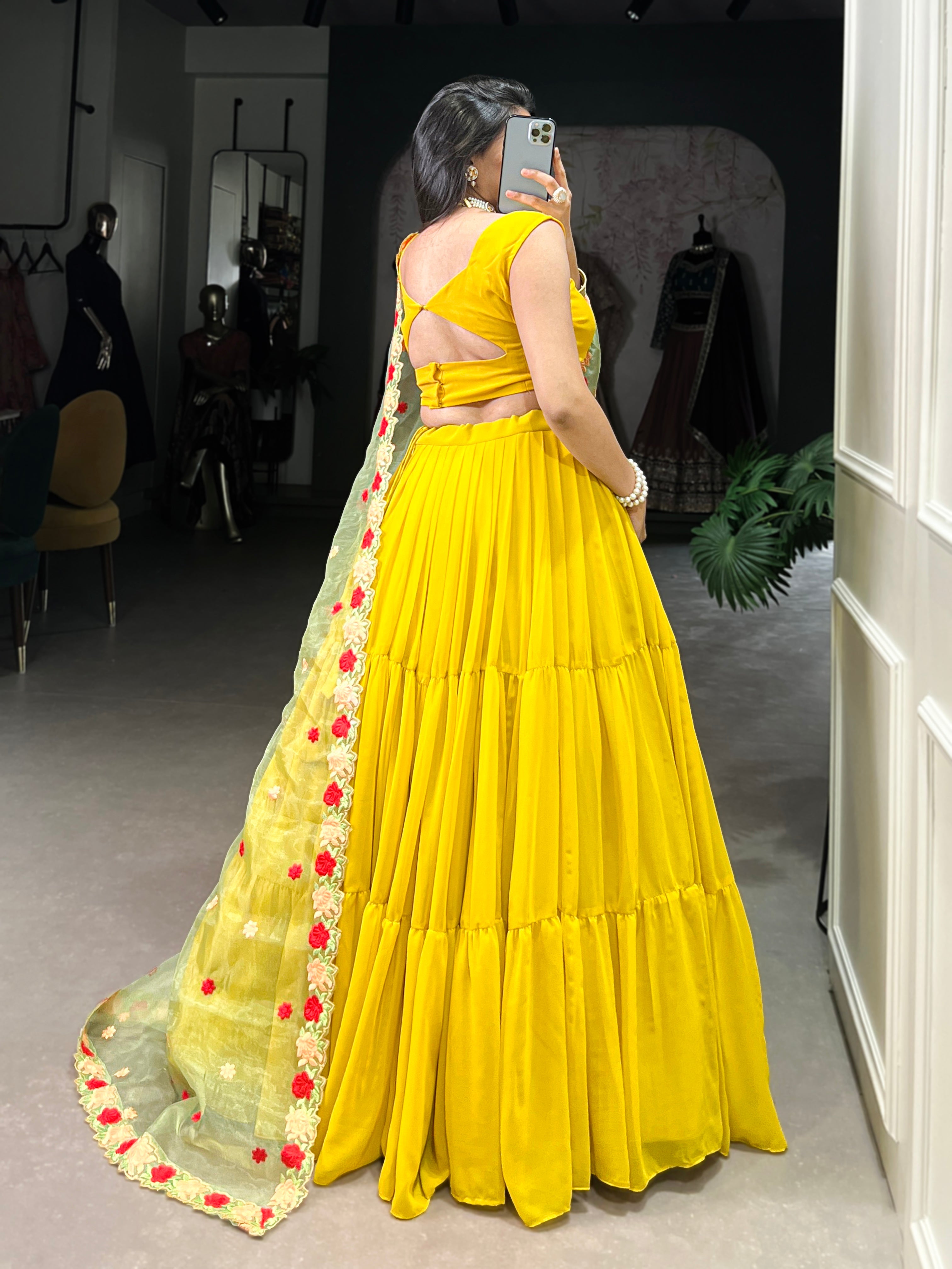 Georgette Mustard Yellow Plain Ready To Wear Lehenga Choli With Embroidered Dupatta
