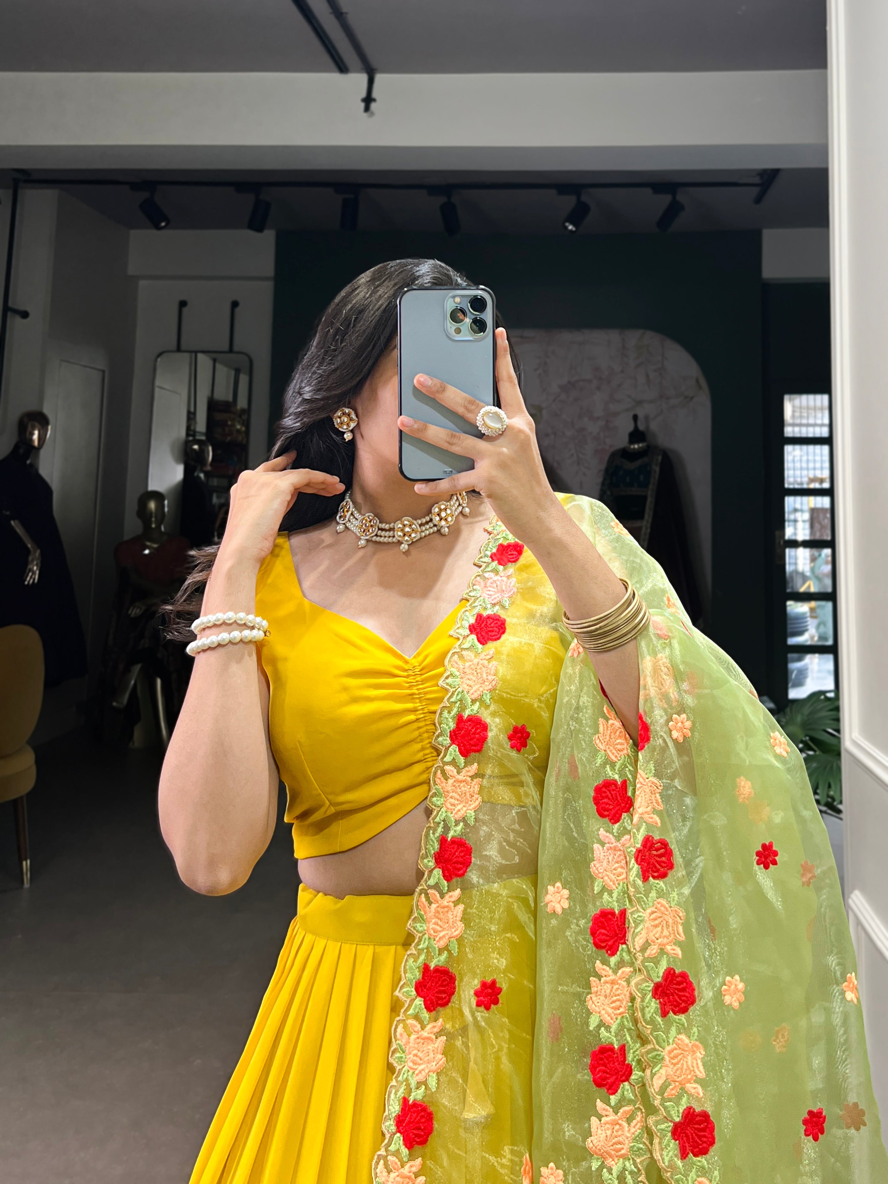 Georgette Mustard Yellow Plain Ready To Wear Lehenga Choli With Embroidered Dupatta