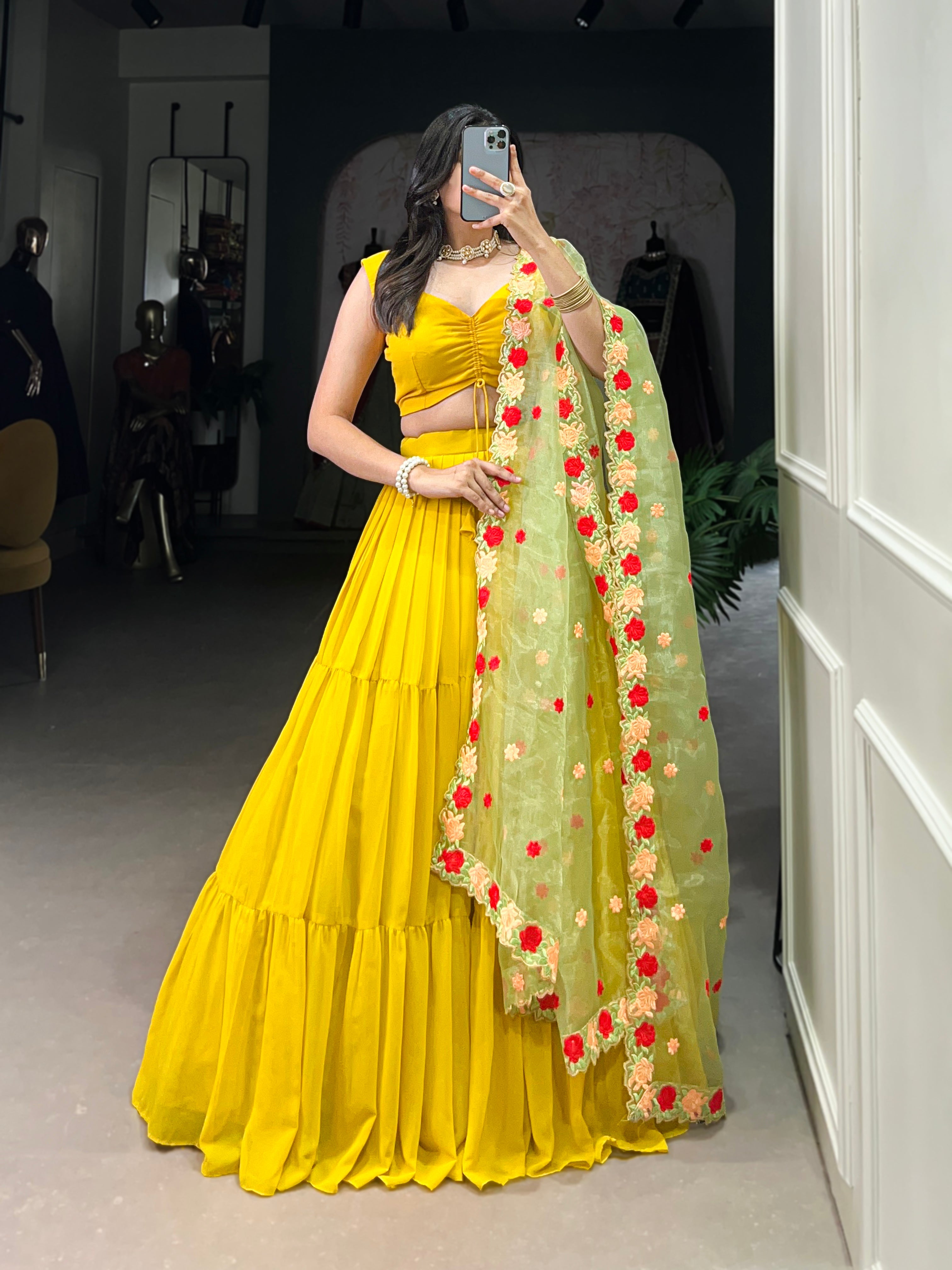 Georgette Mustard Yellow Plain Ready To Wear Lehenga Choli With Embroidered Dupatta