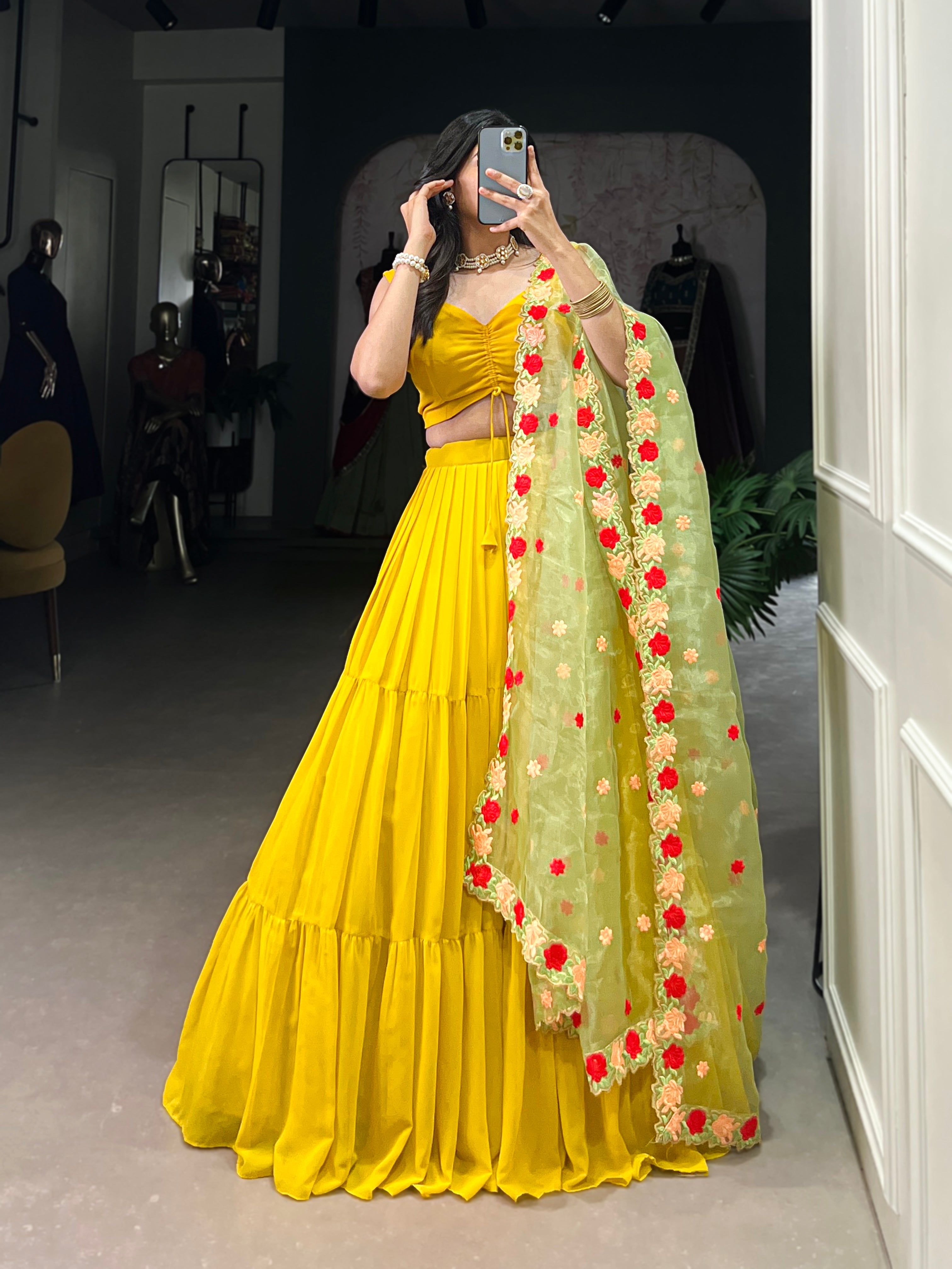 Georgette Mustard Yellow Plain Ready To Wear Lehenga Choli With Embroidered Dupatta