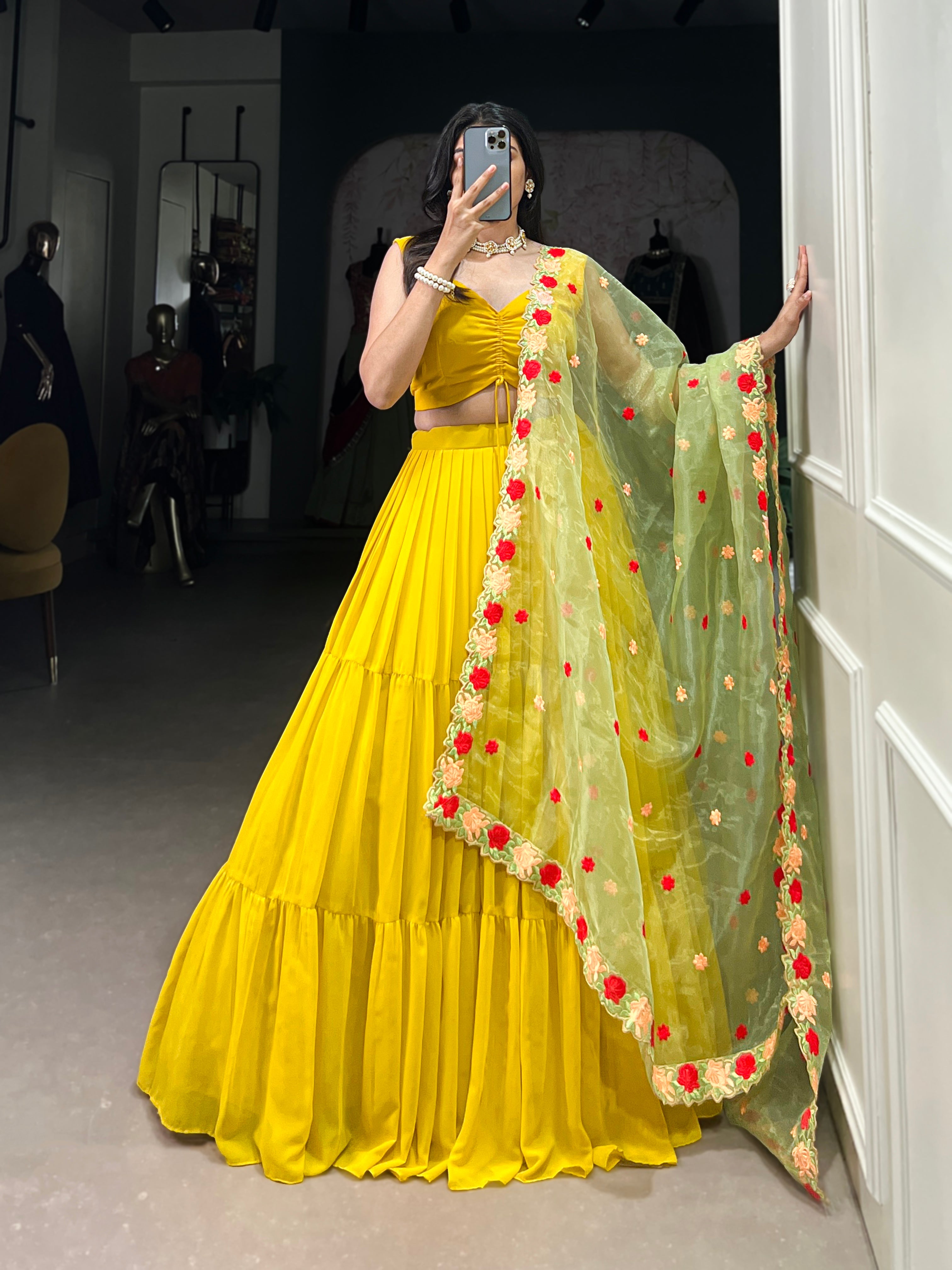 Georgette Mustard Yellow Plain Ready To Wear Lehenga Choli With Embroidered Dupatta