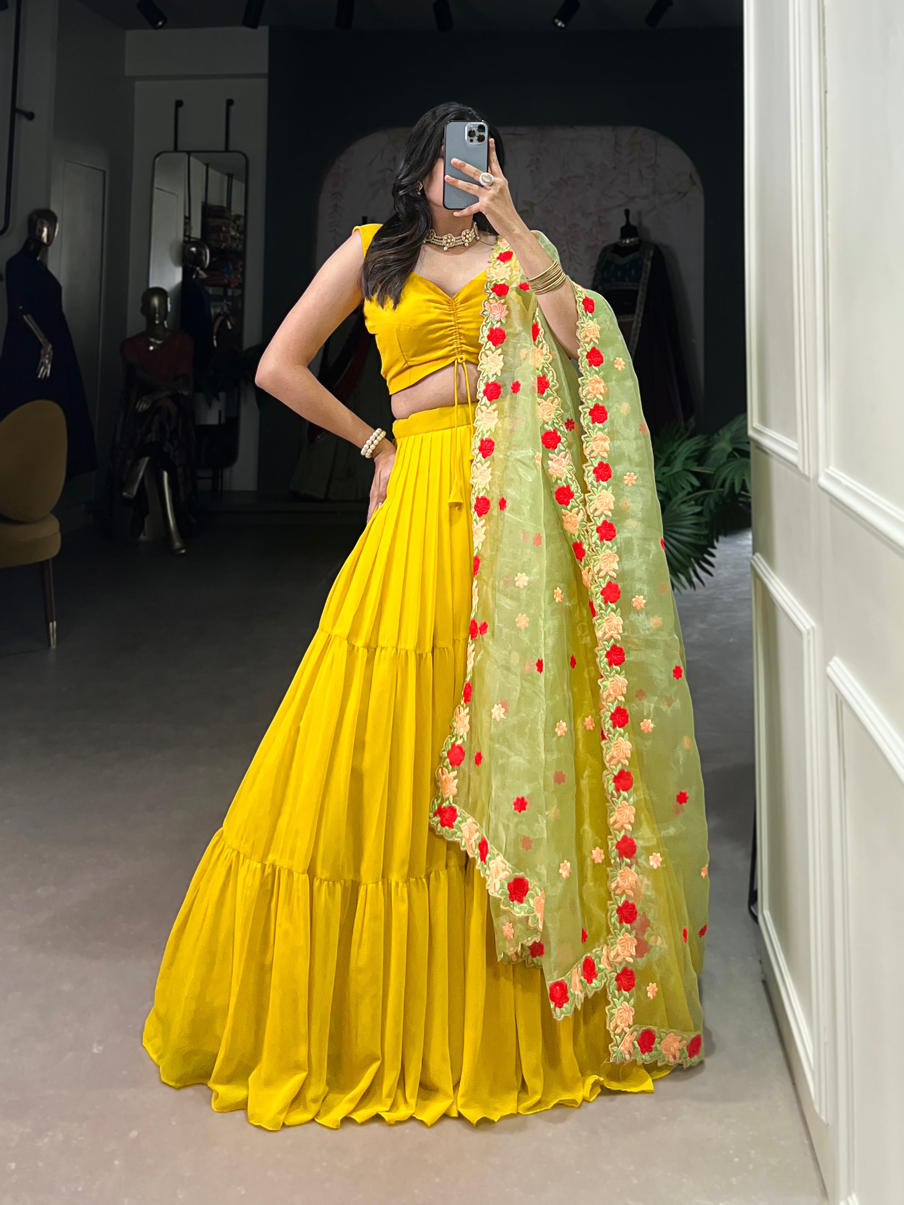 Georgette Mustard Yellow Plain Ready To Wear Lehenga Choli With Embroidered Dupatta