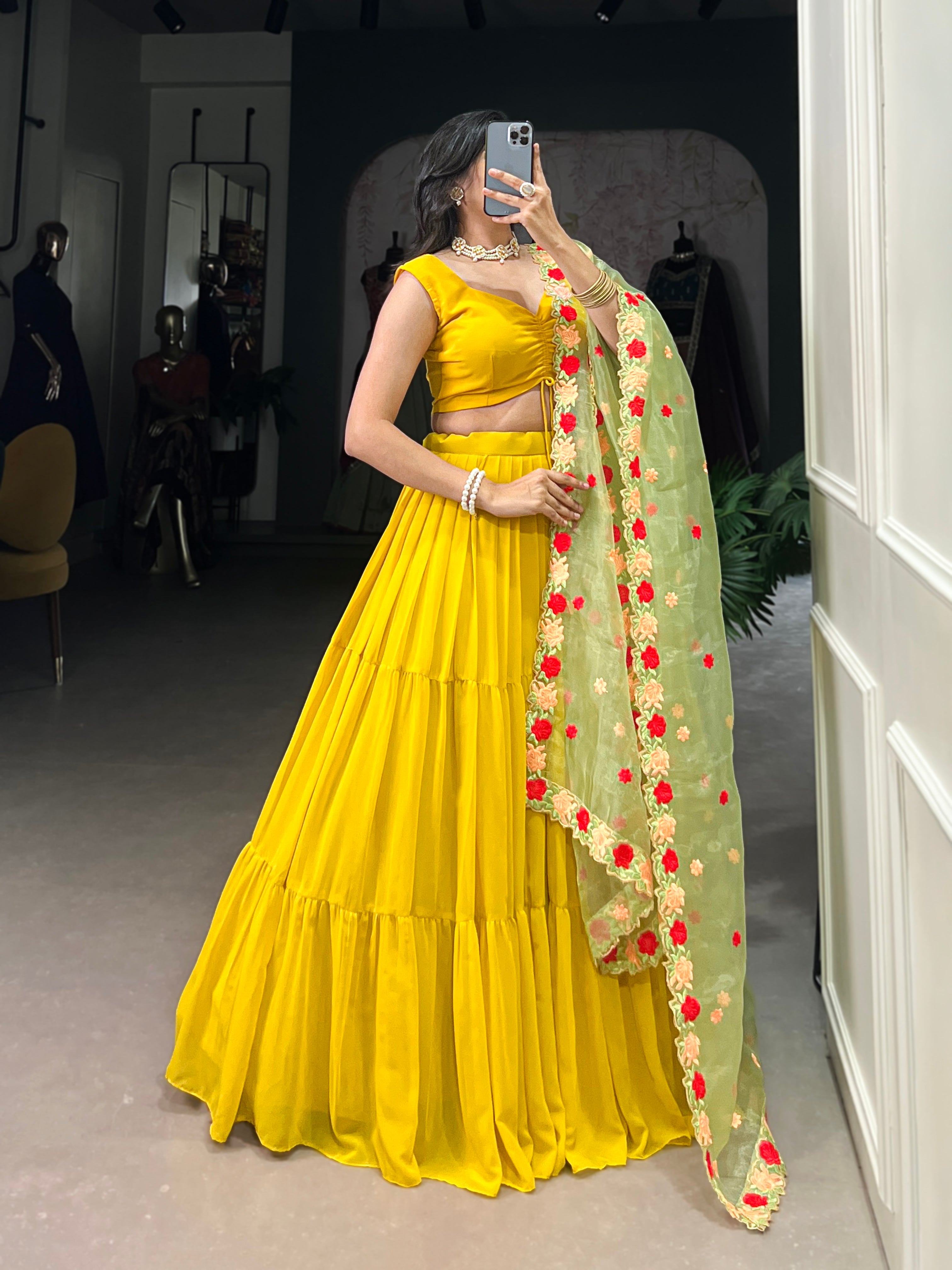 Georgette Mustard Yellow Plain Ready To Wear Lehenga Choli With Embroidered Dupatta