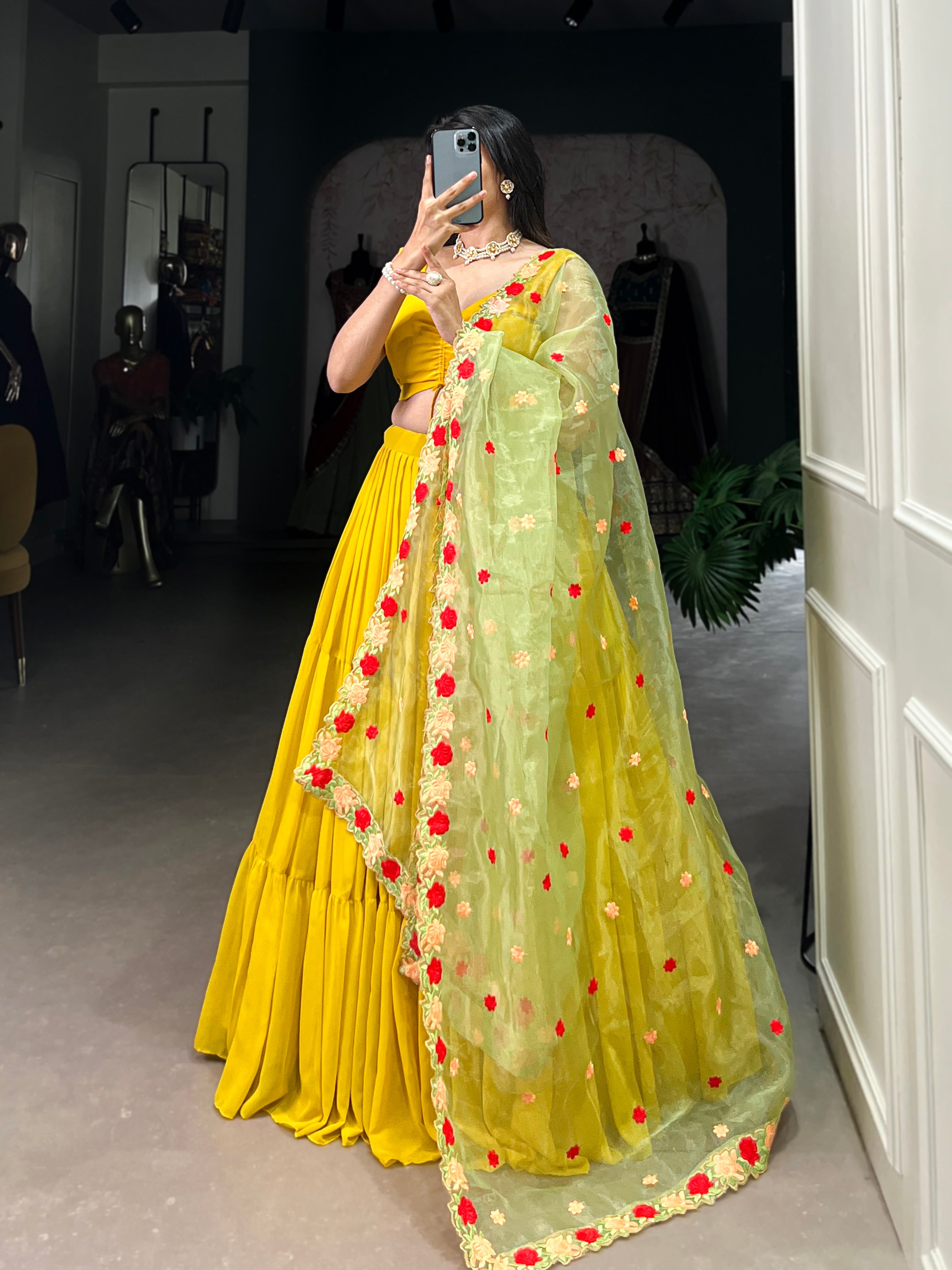 Georgette Mustard Yellow Plain Ready To Wear Lehenga Choli With Embroidered Dupatta