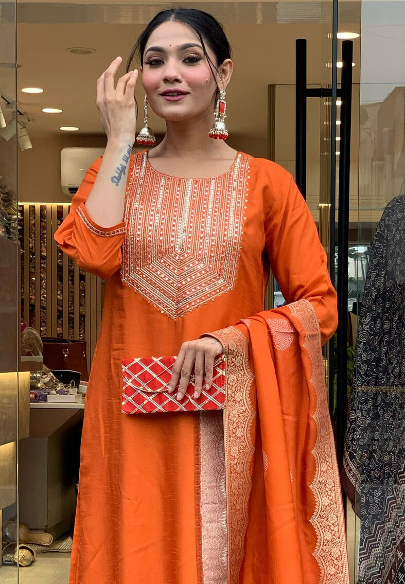 Chanderi Silk Round Neck, Straight Fit, and Embroidery Work Women’s Kurta Set