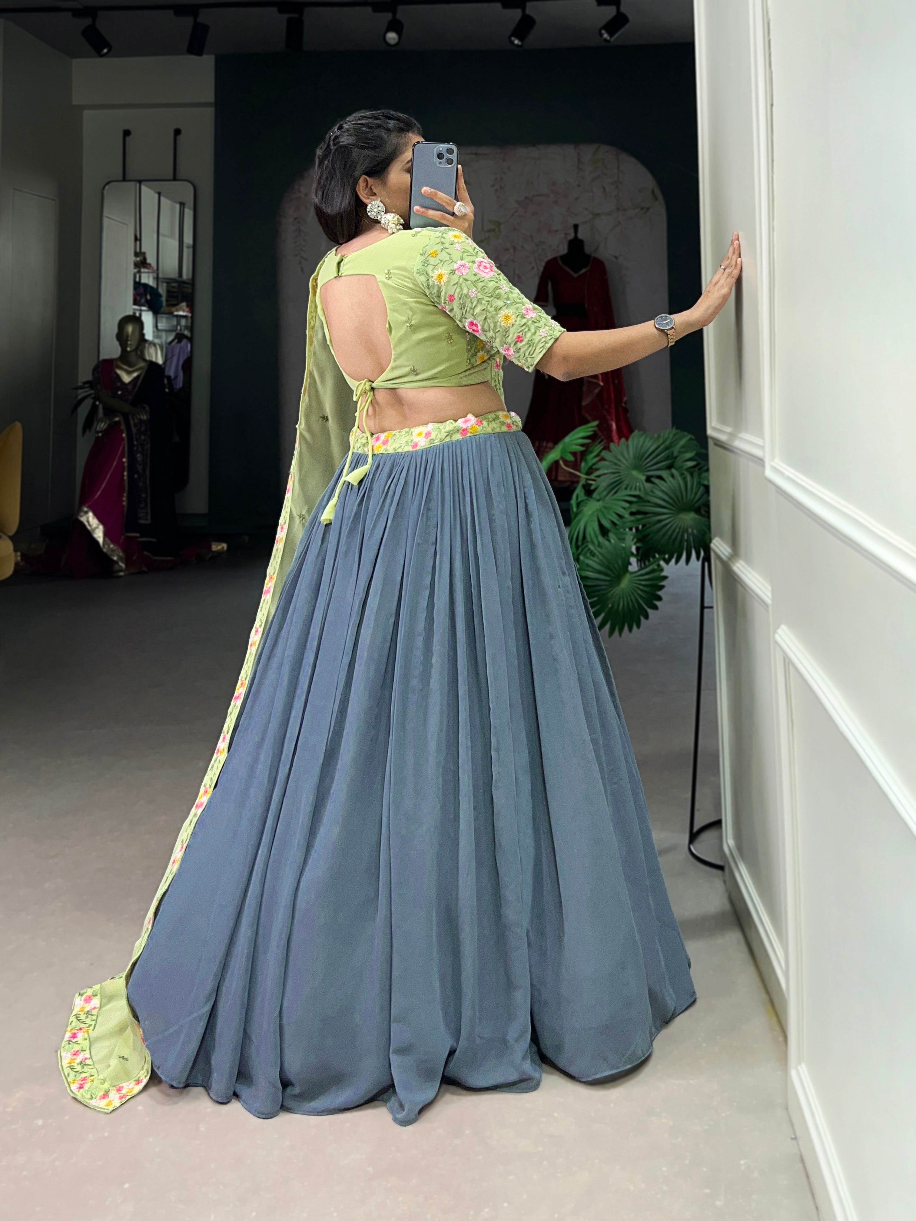 Gray and Pista Bridesmaid Attire With Sequins & Thread Embroidery Work Belt Lehenga Choli
