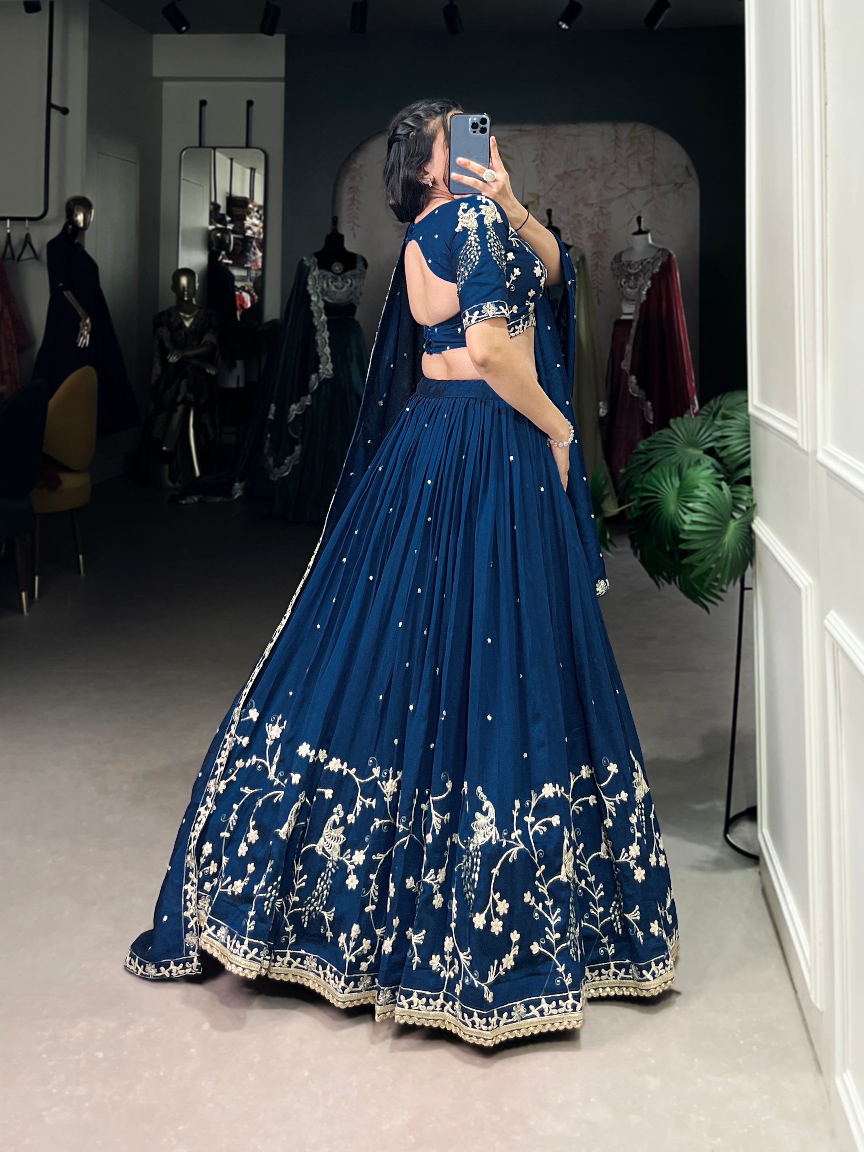 Firozi Color Sequins And Thread Embroidery Work Vichitra Silk Lehenga Choli