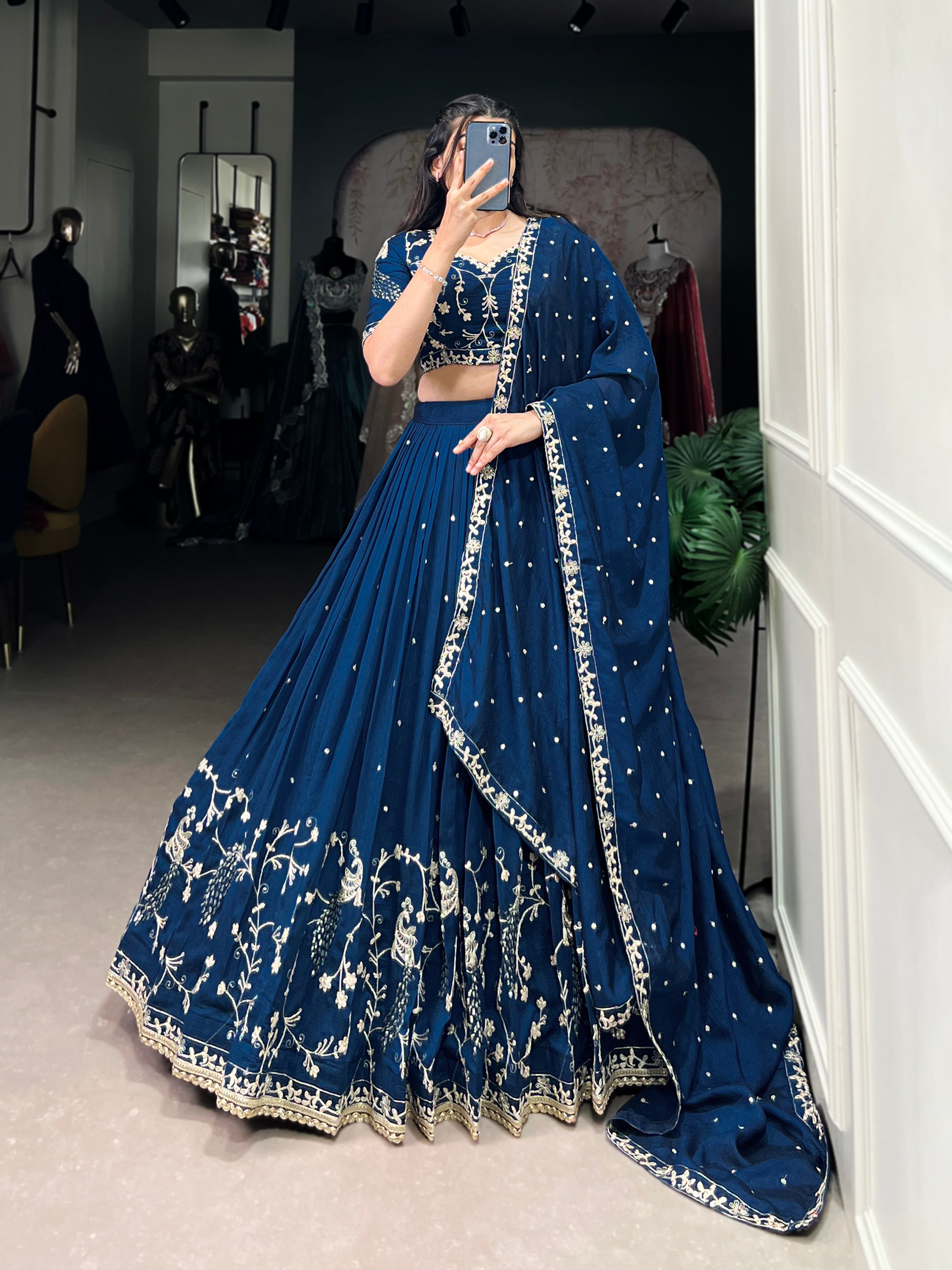 Firozi Color Sequins And Thread Embroidery Work Vichitra Silk Lehenga Choli