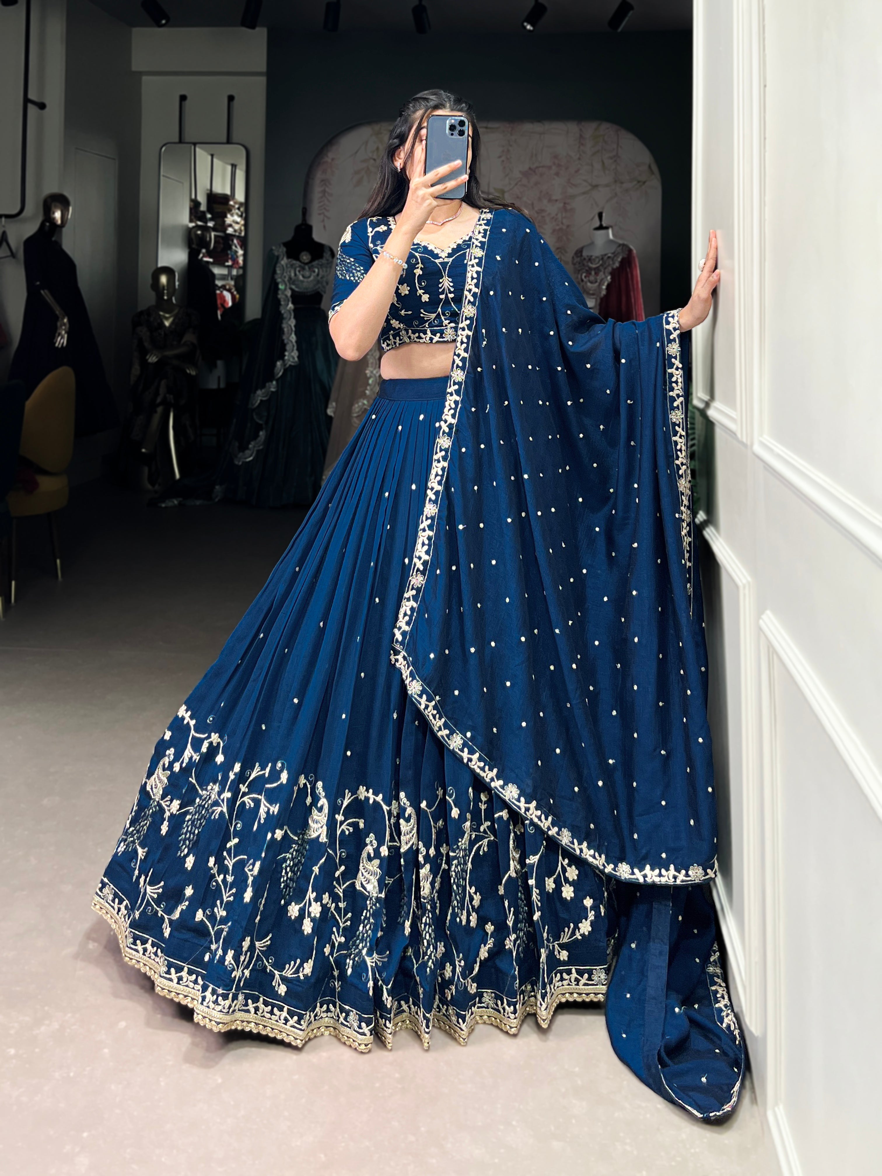 Firozi Color Sequins And Thread Embroidery Work Vichitra Silk Lehenga Choli