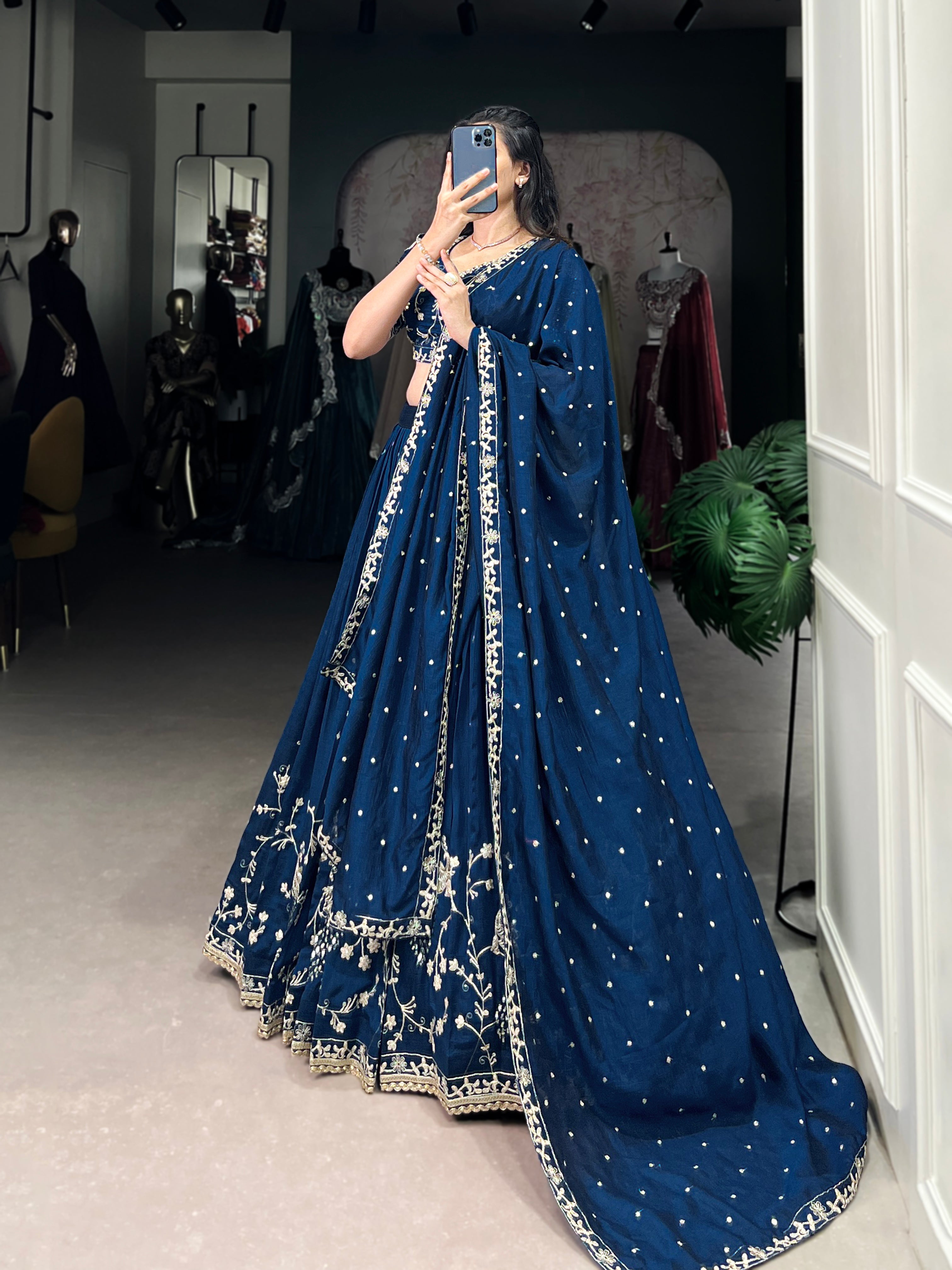 Firozi Color Sequins And Thread Embroidery Work Vichitra Silk Lehenga Choli