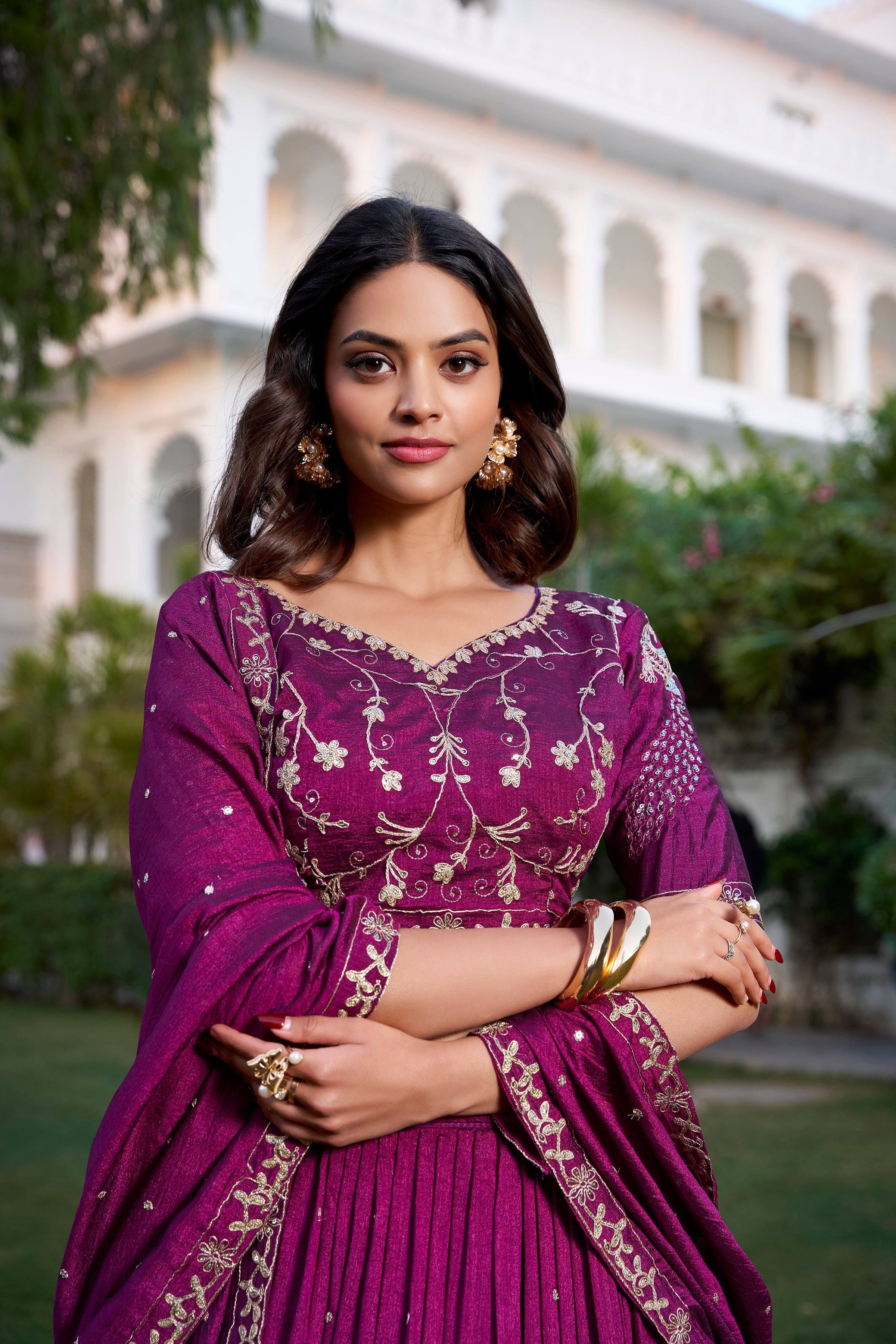 Wine Color Sequins And Thread Embroidery Work Vichitra Silk Lehenga Choli