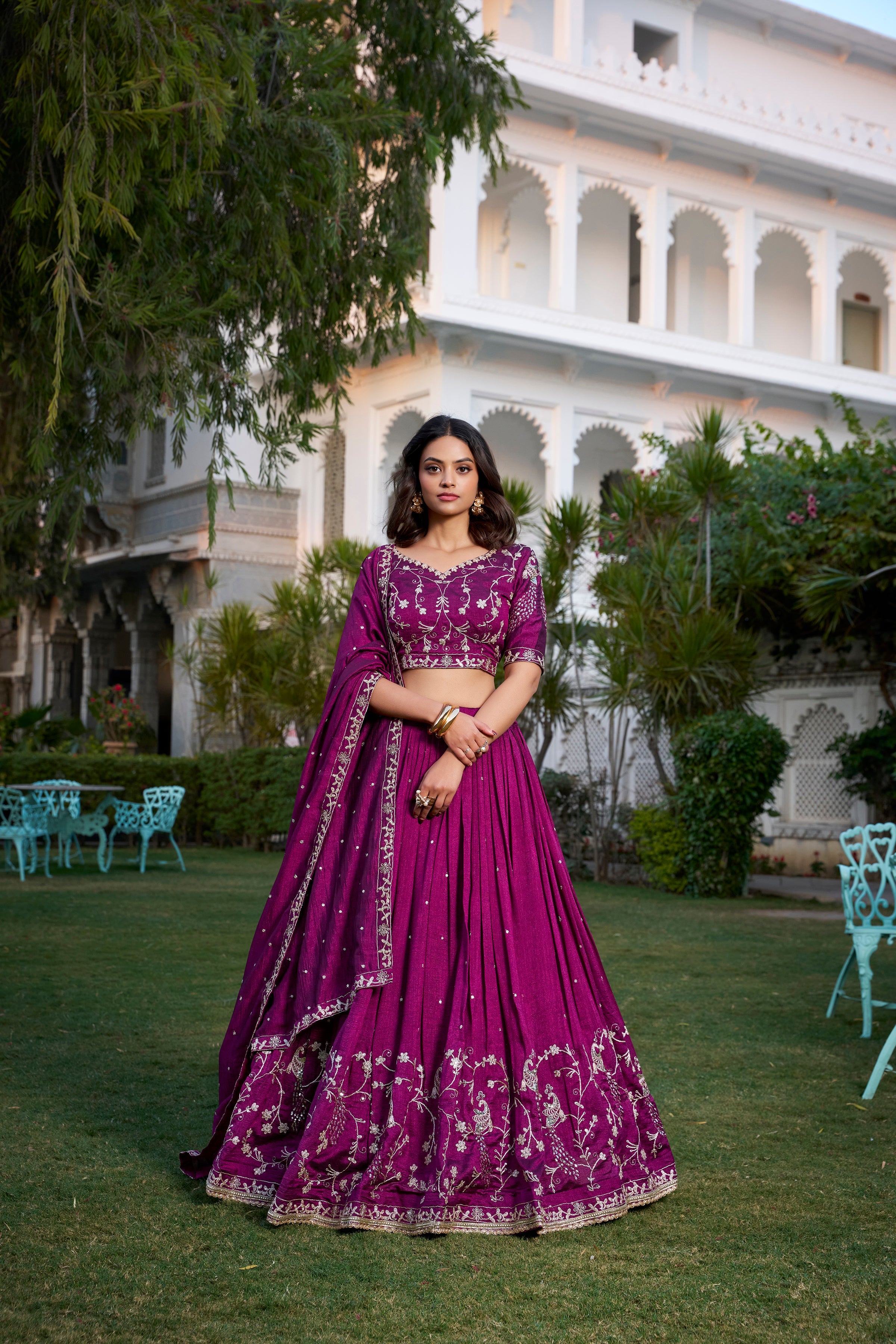 Wine Color Sequins And Thread Embroidery Work Vichitra Silk Lehenga Choli