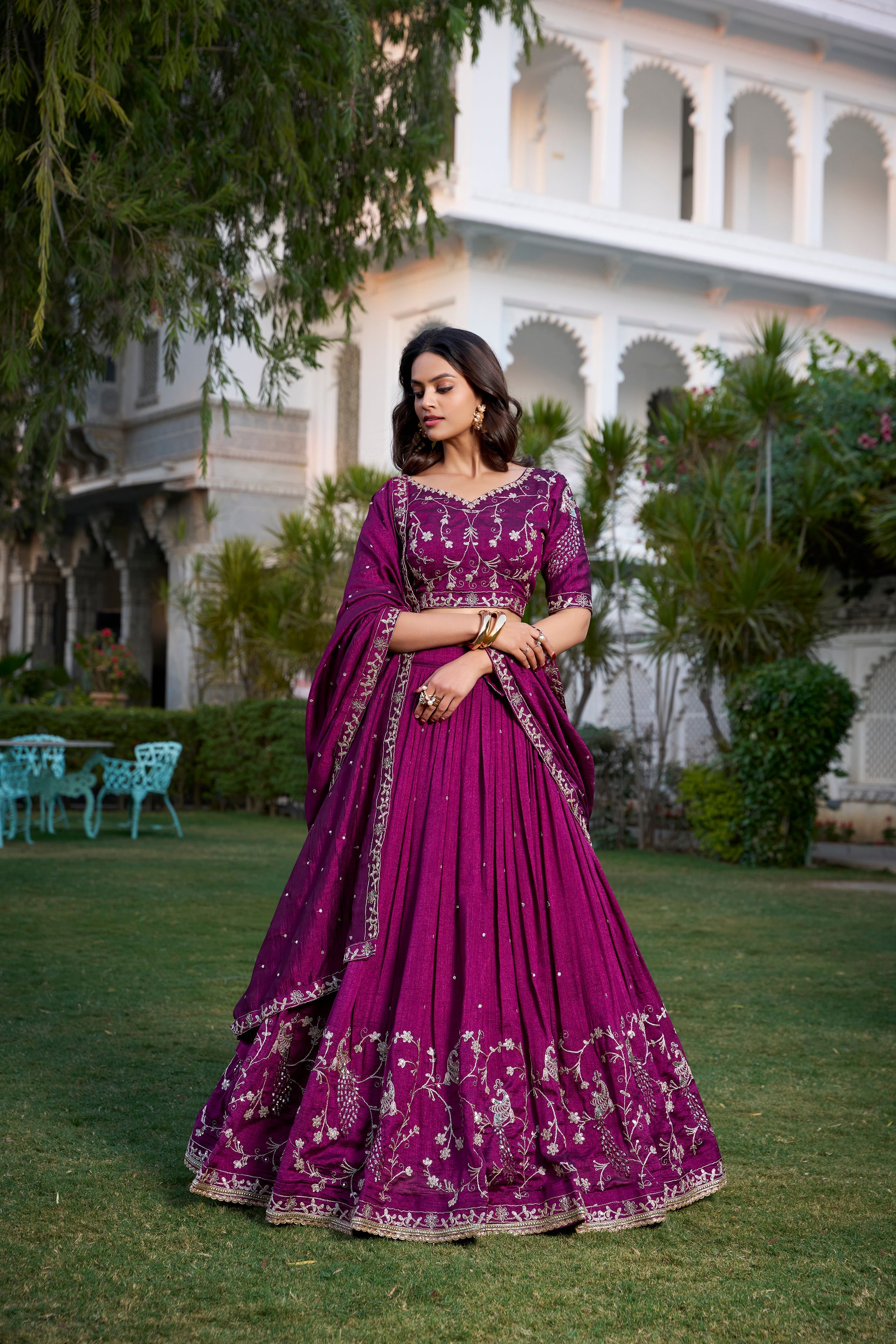 Wine Color Sequins And Thread Embroidery Work Vichitra Silk Lehenga Choli