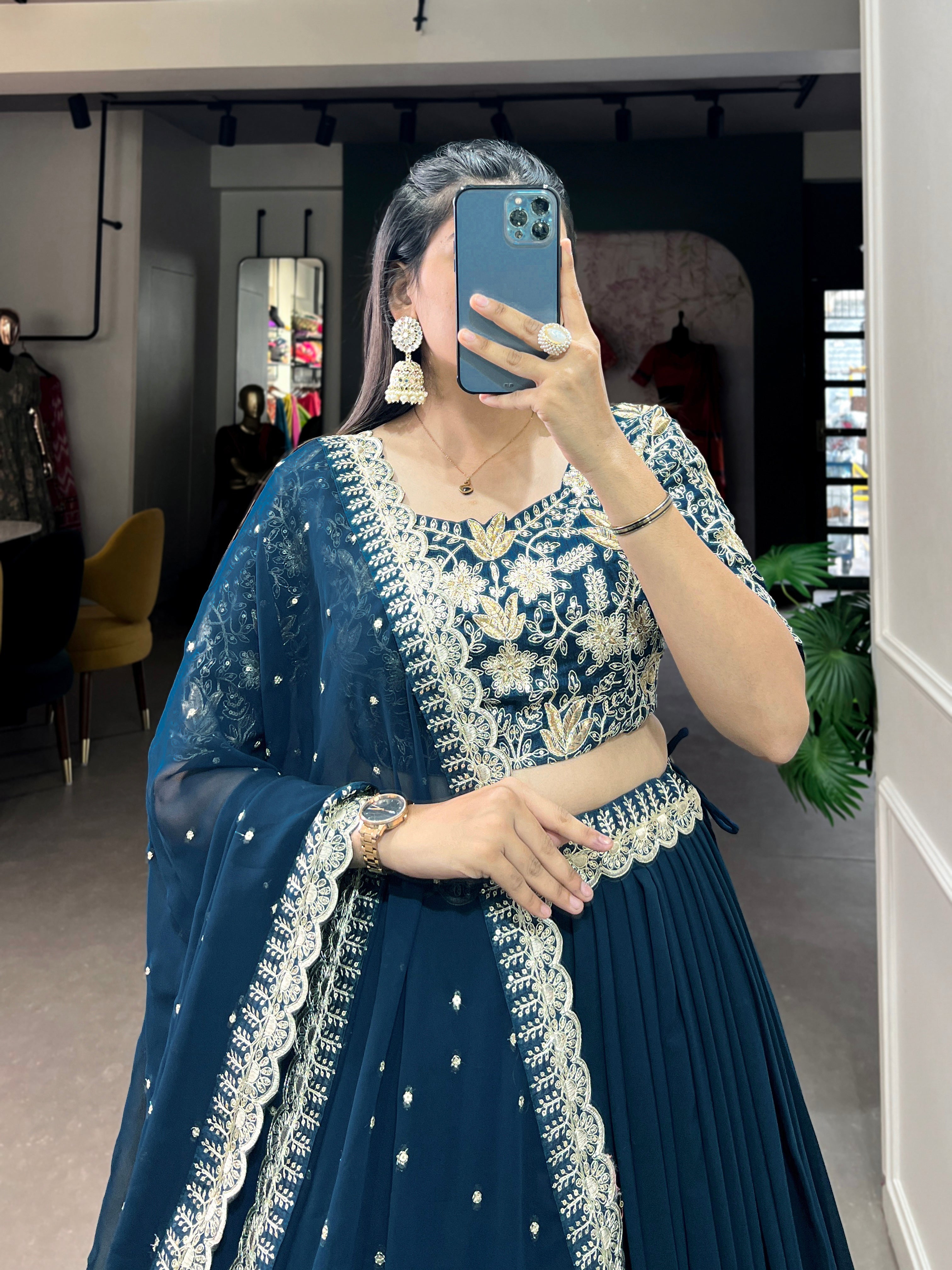 Women's Teal Georgette Plain With Sequins And Thread Embroidery Work Belt Lehenga Choli