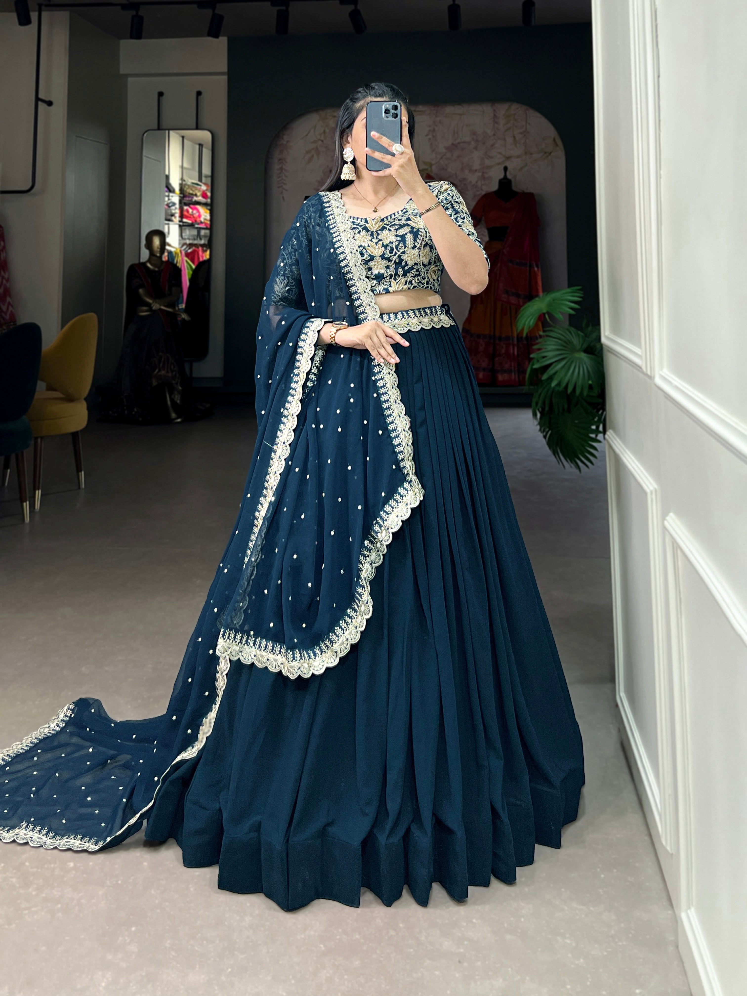 Women's Teal Georgette Plain With Sequins And Thread Embroidery Work Belt Lehenga Choli