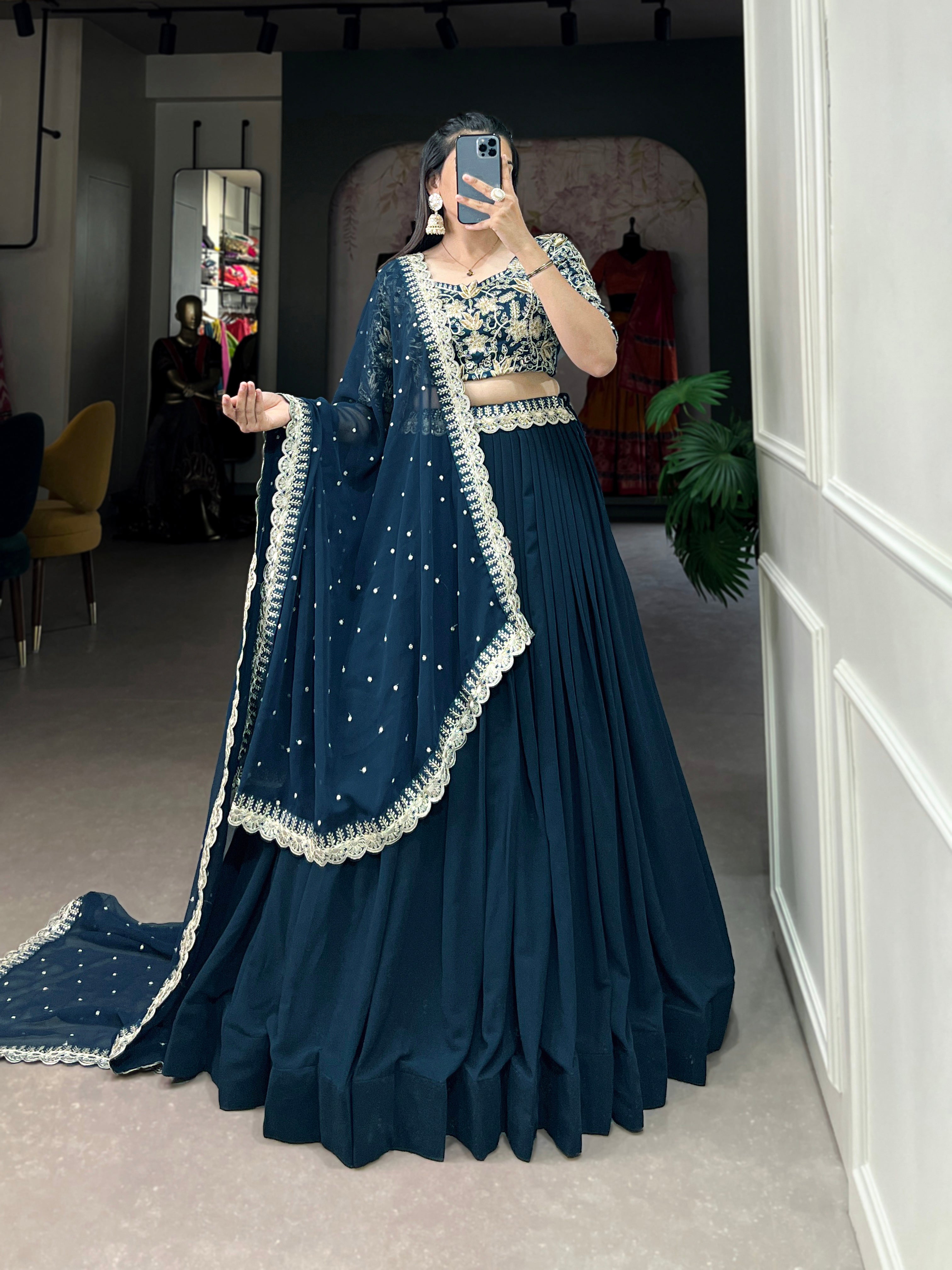 Women's Teal Georgette Plain With Sequins And Thread Embroidery Work Belt Lehenga Choli