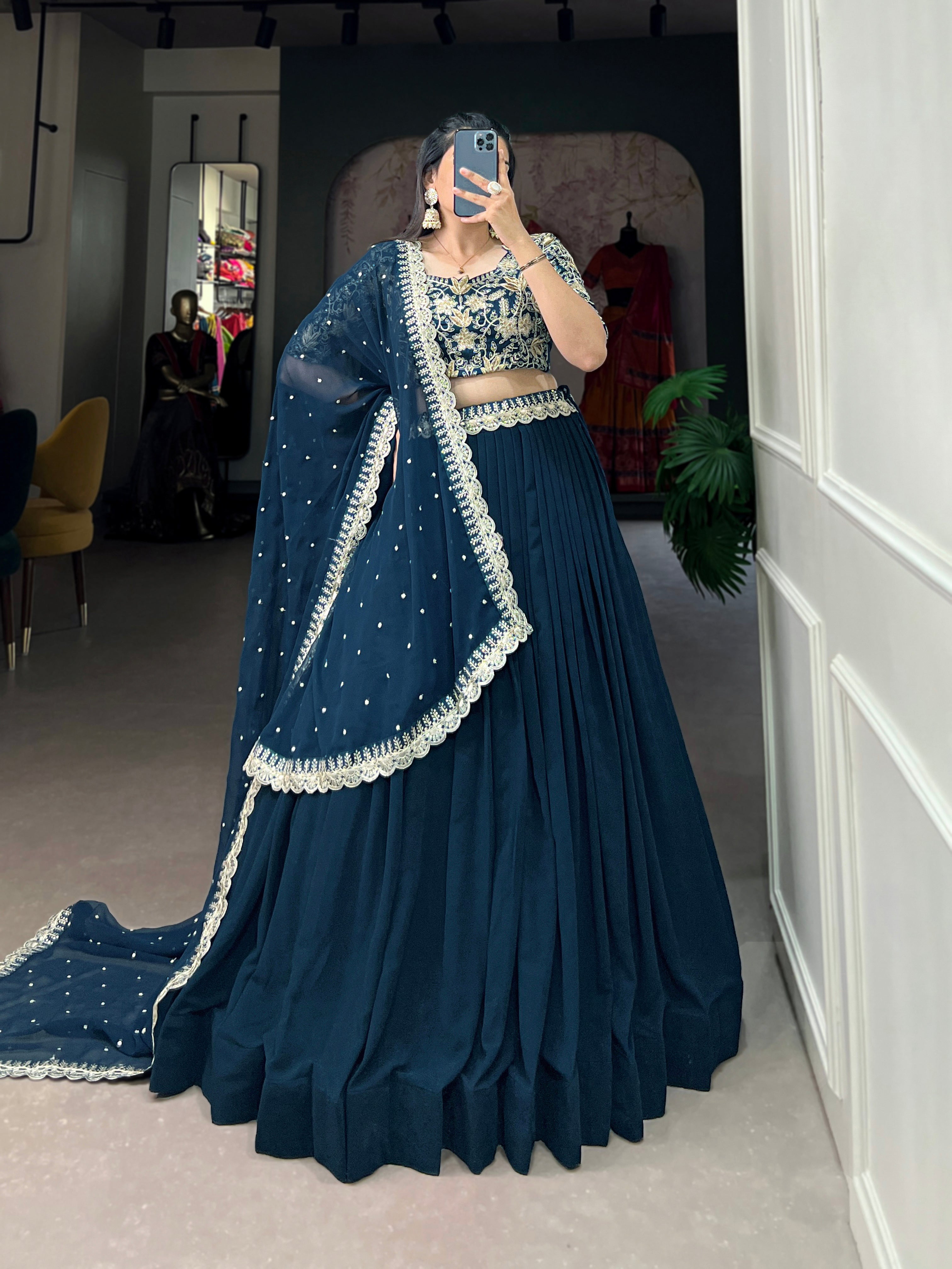 Women's Teal Georgette Plain With Sequins And Thread Embroidery Work Belt Lehenga Choli
