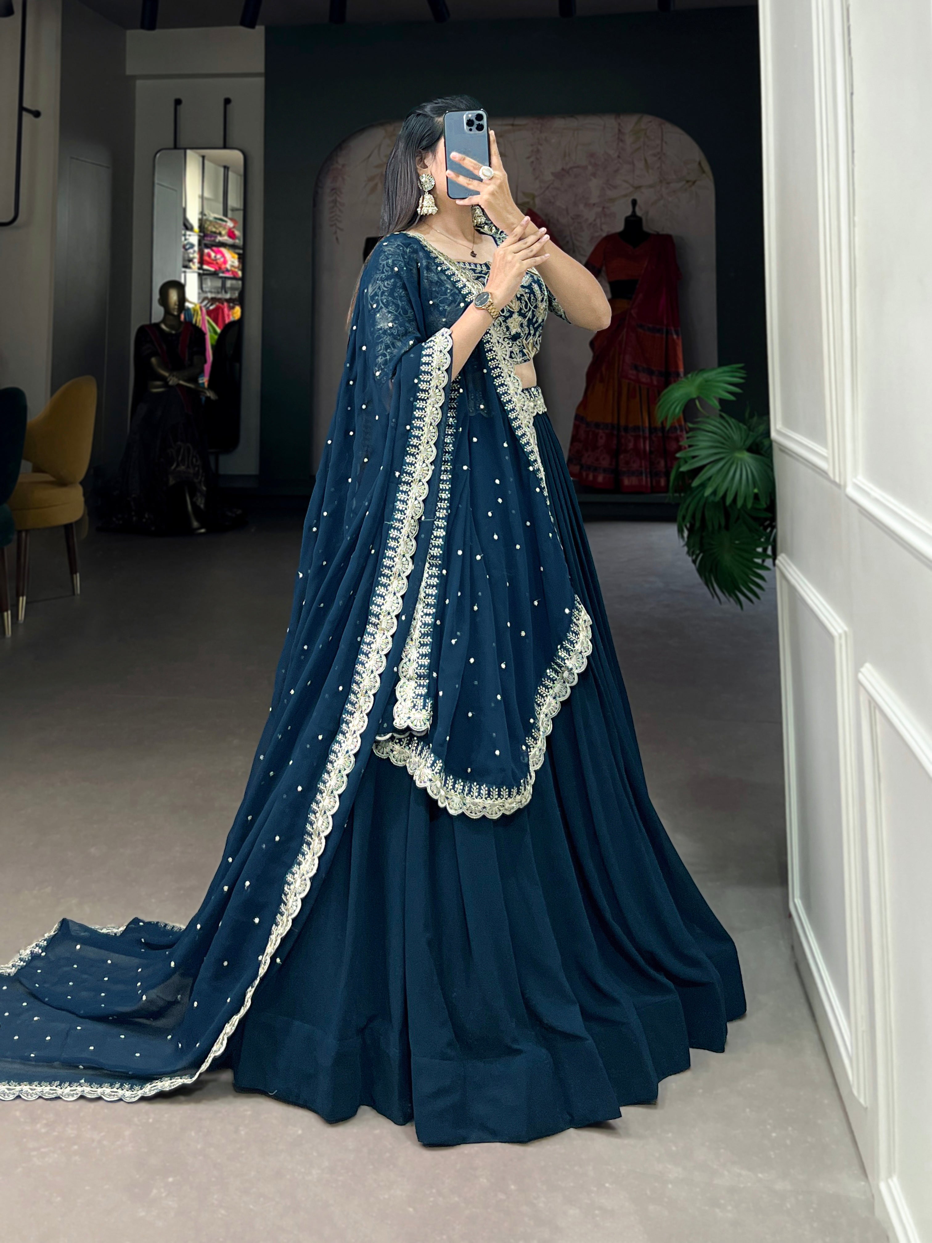 Women's Teal Georgette Plain With Sequins And Thread Embroidery Work Belt Lehenga Choli