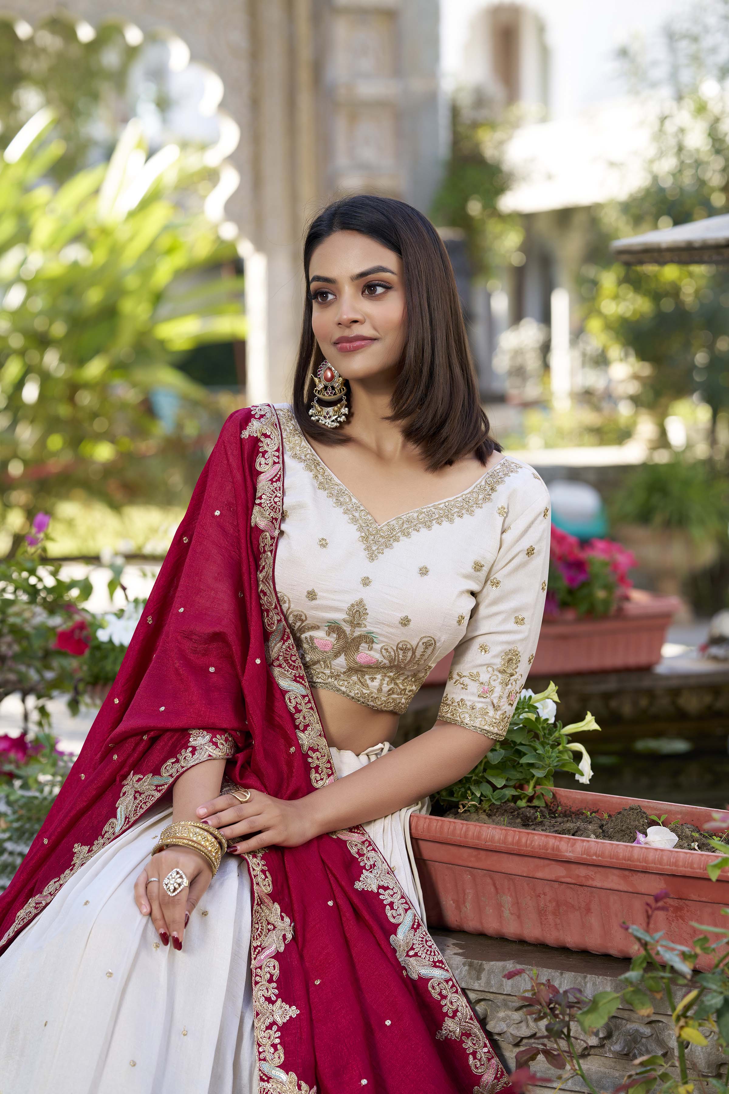 Off white Color Sequins And Thread Embroidery Work Vichitra Silk Lehenga Choli