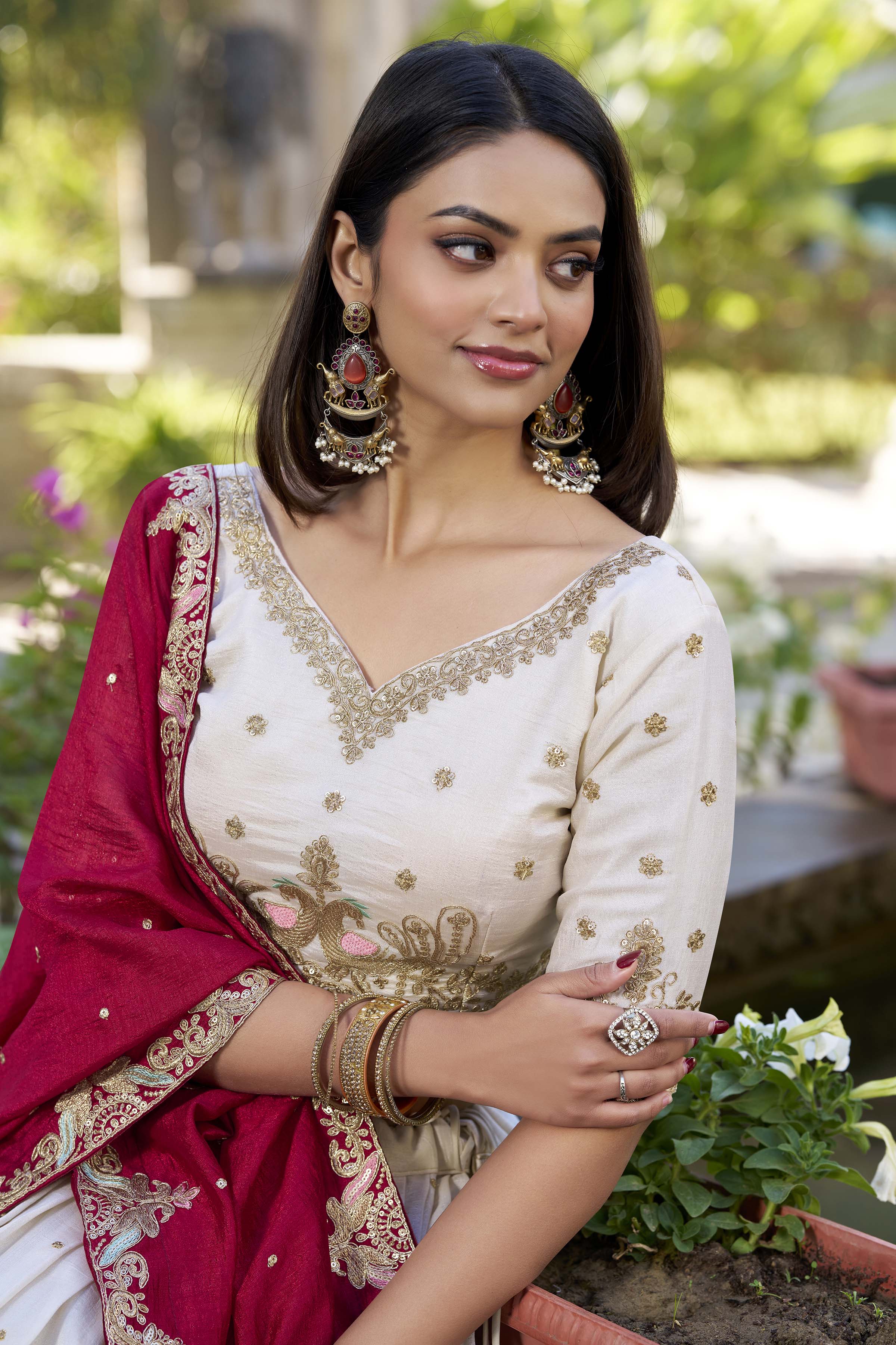 Off white Color Sequins And Thread Embroidery Work Vichitra Silk Lehenga Choli