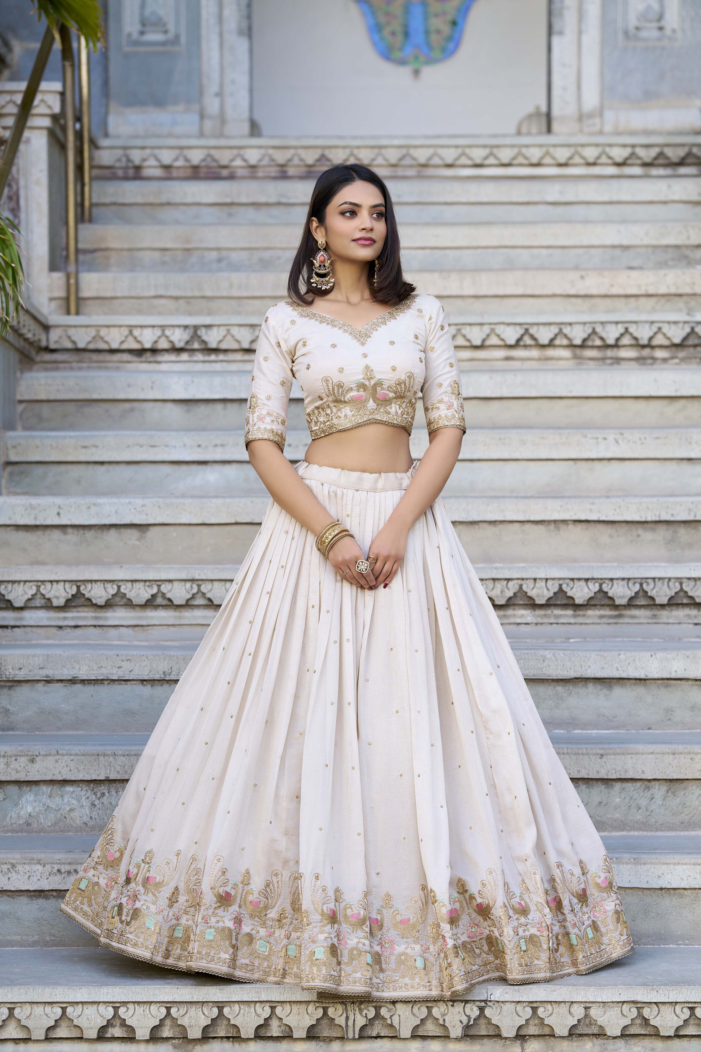 Off white Color Sequins And Thread Embroidery Work Vichitra Silk Lehenga Choli