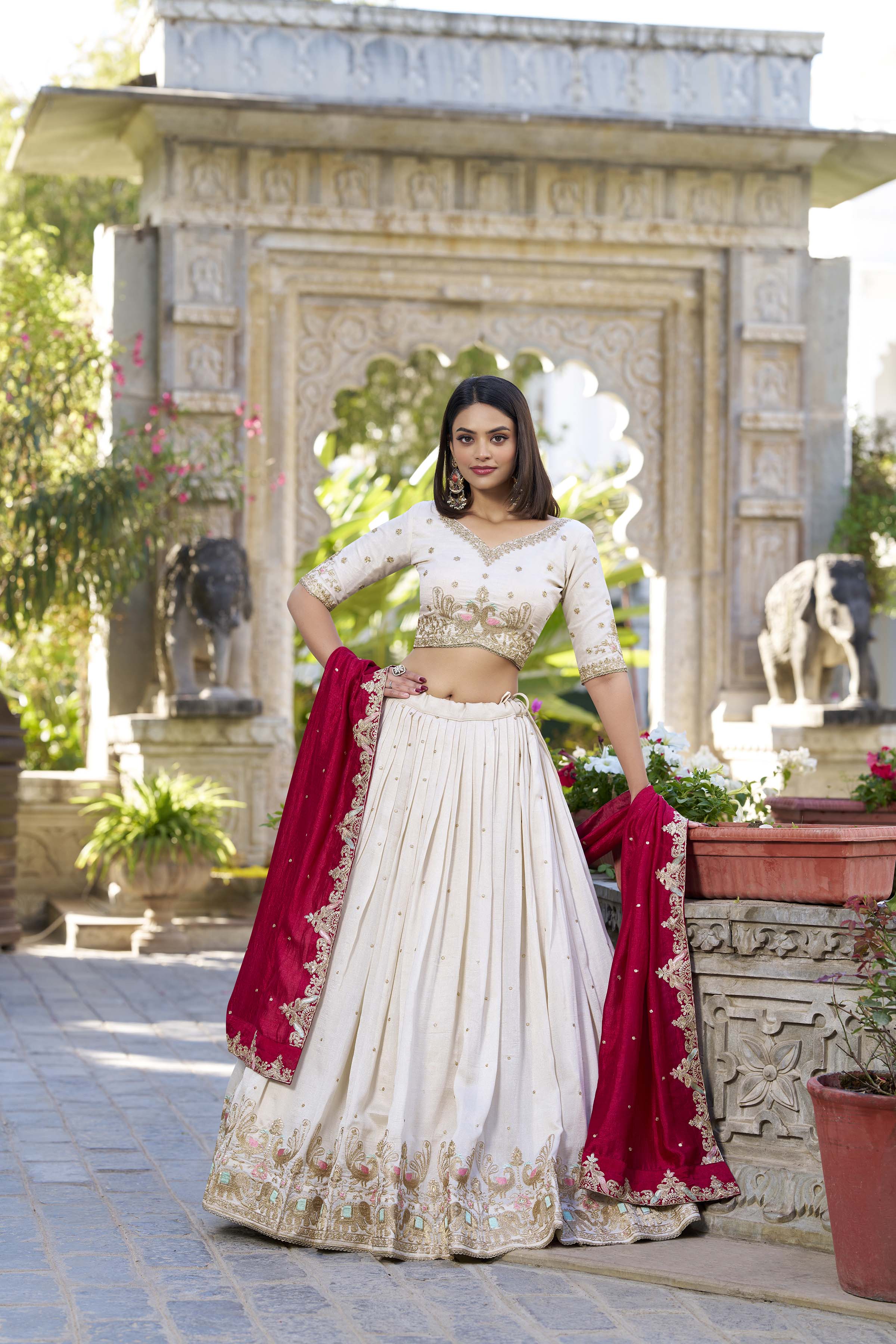Off white Color Sequins And Thread Embroidery Work Vichitra Silk Lehenga Choli