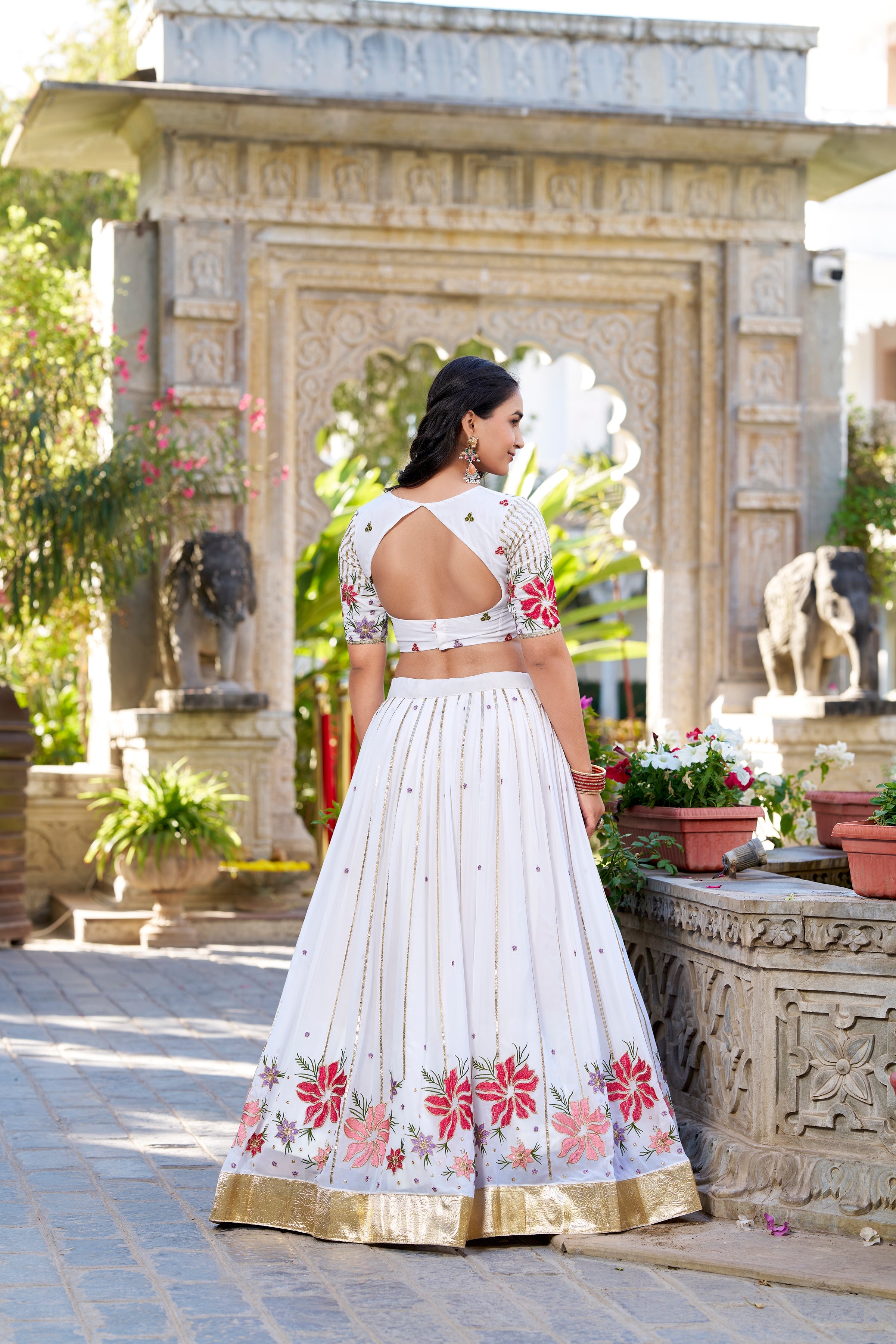Elegant Sequins & Thread Embroidery White Georgette Bridal Lehenga Choli Set
