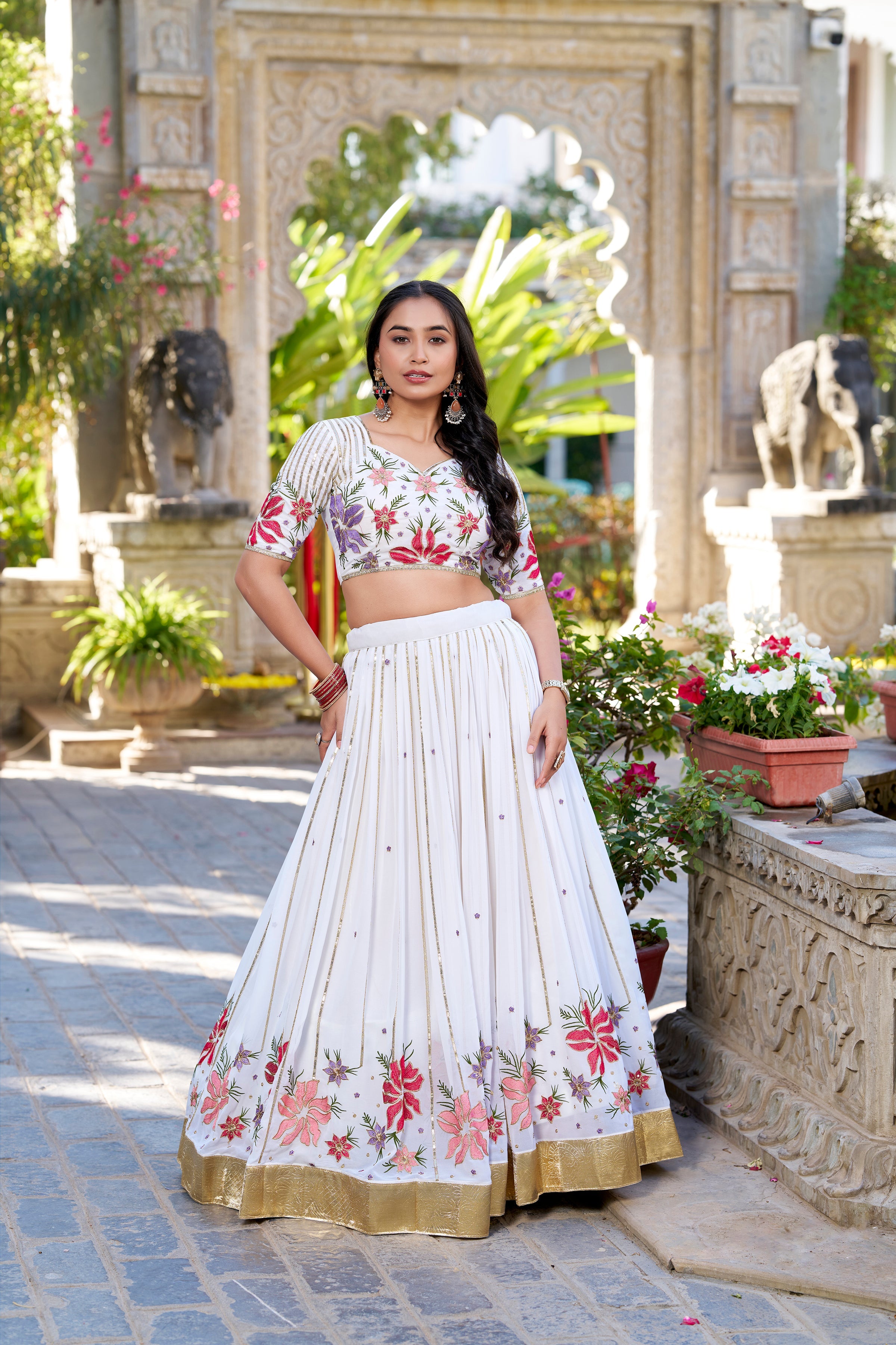 Elegant Sequins & Thread Embroidery White Georgette Bridal Lehenga Choli Set