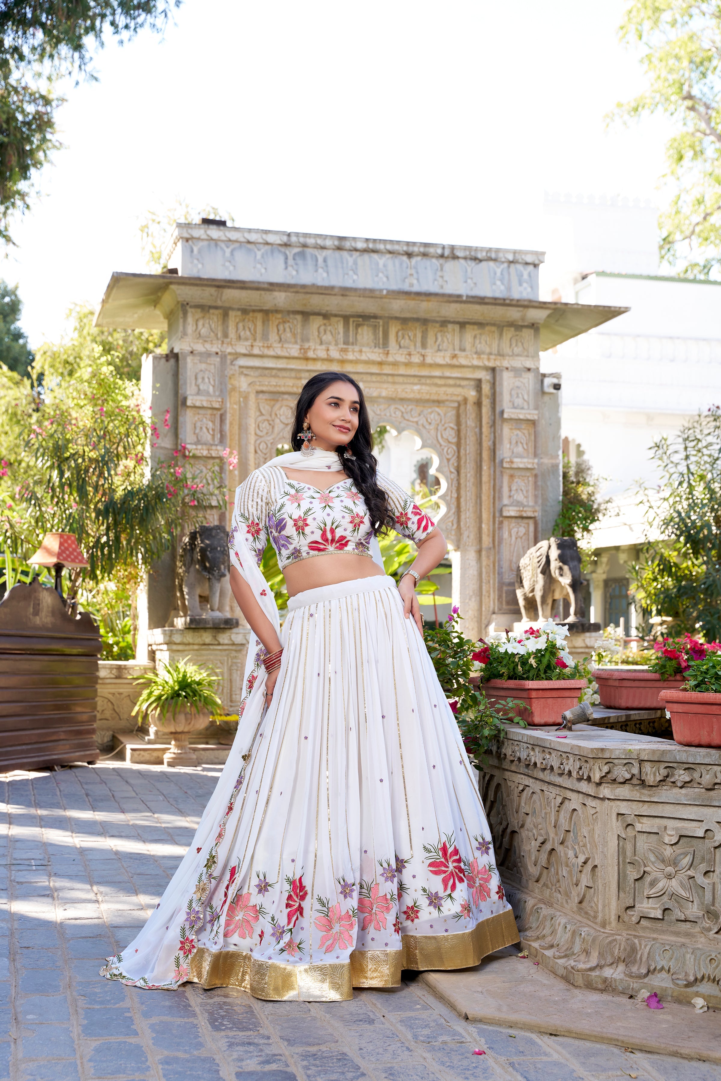 Elegant Sequins & Thread Embroidery White Georgette Bridal Lehenga Choli Set