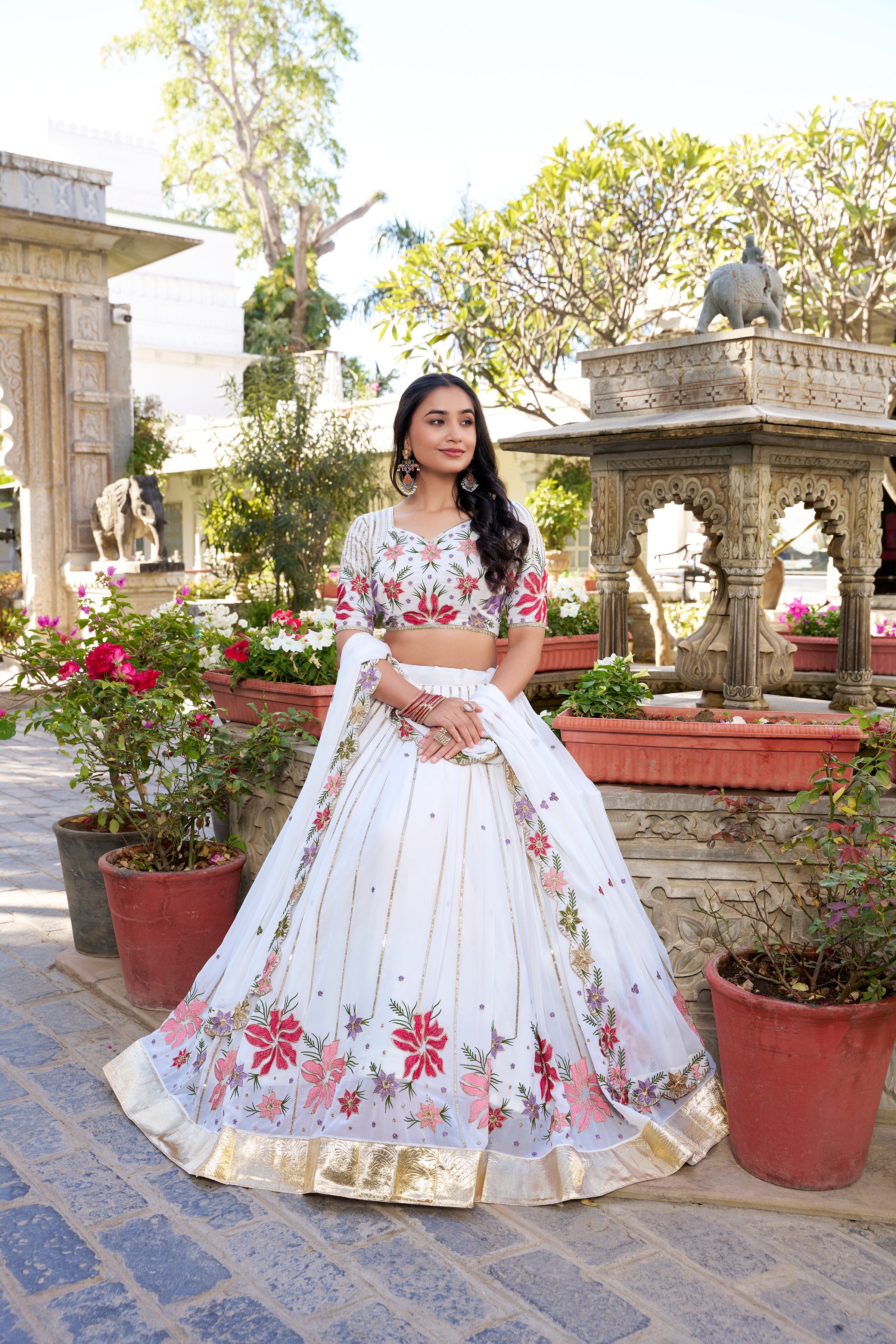Elegant Sequins & Thread Embroidery White Georgette Bridal Lehenga Choli Set