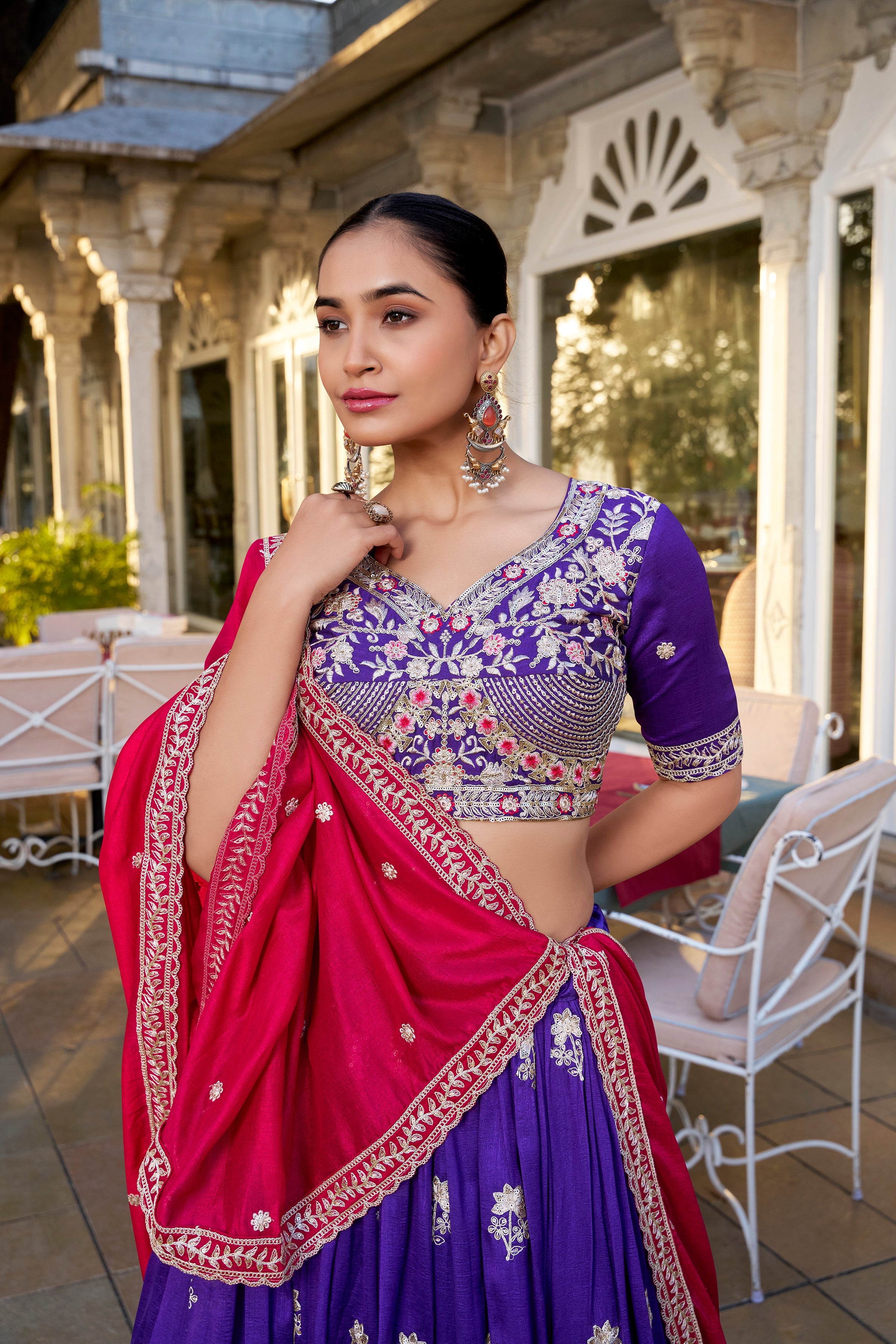 Wedding Lehenga Choli With Sequins and Thread Embroidery in Purple Vichitra Silk