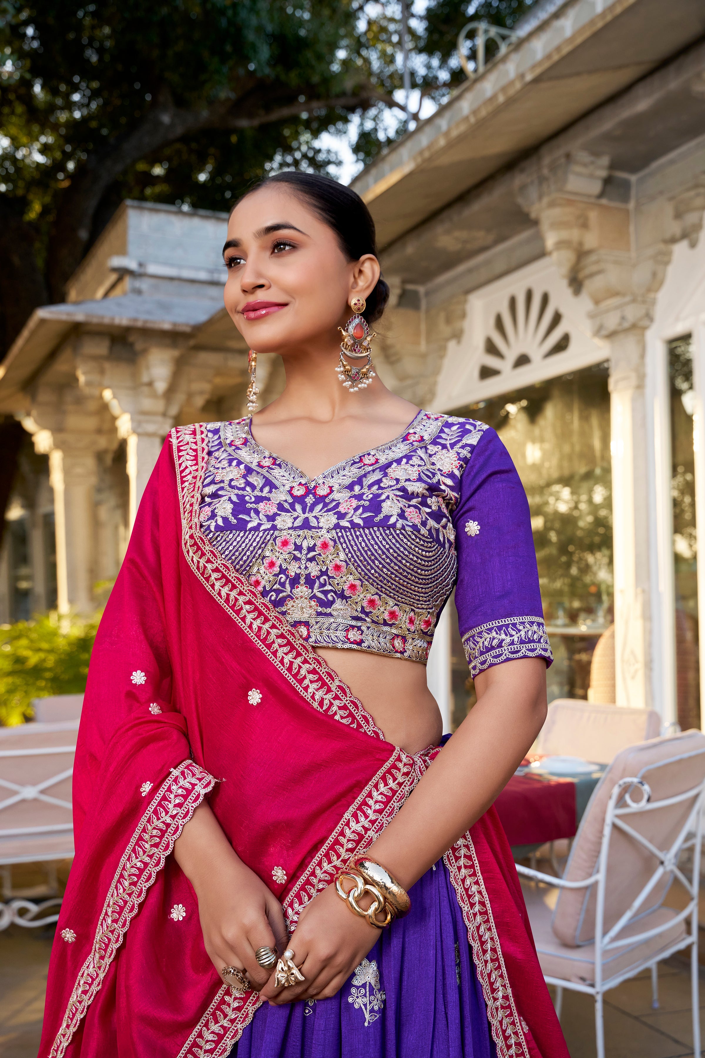 Wedding Lehenga Choli With Sequins and Thread Embroidery in Purple Vichitra Silk