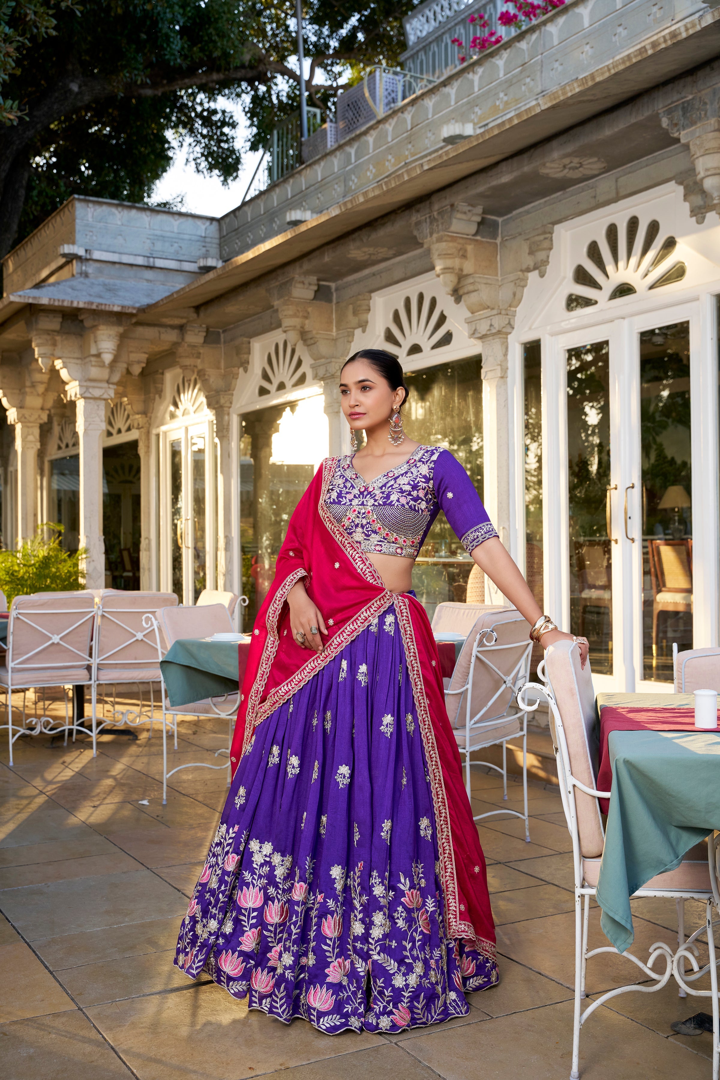 Wedding Lehenga Choli With Sequins and Thread Embroidery in Purple Vichitra Silk