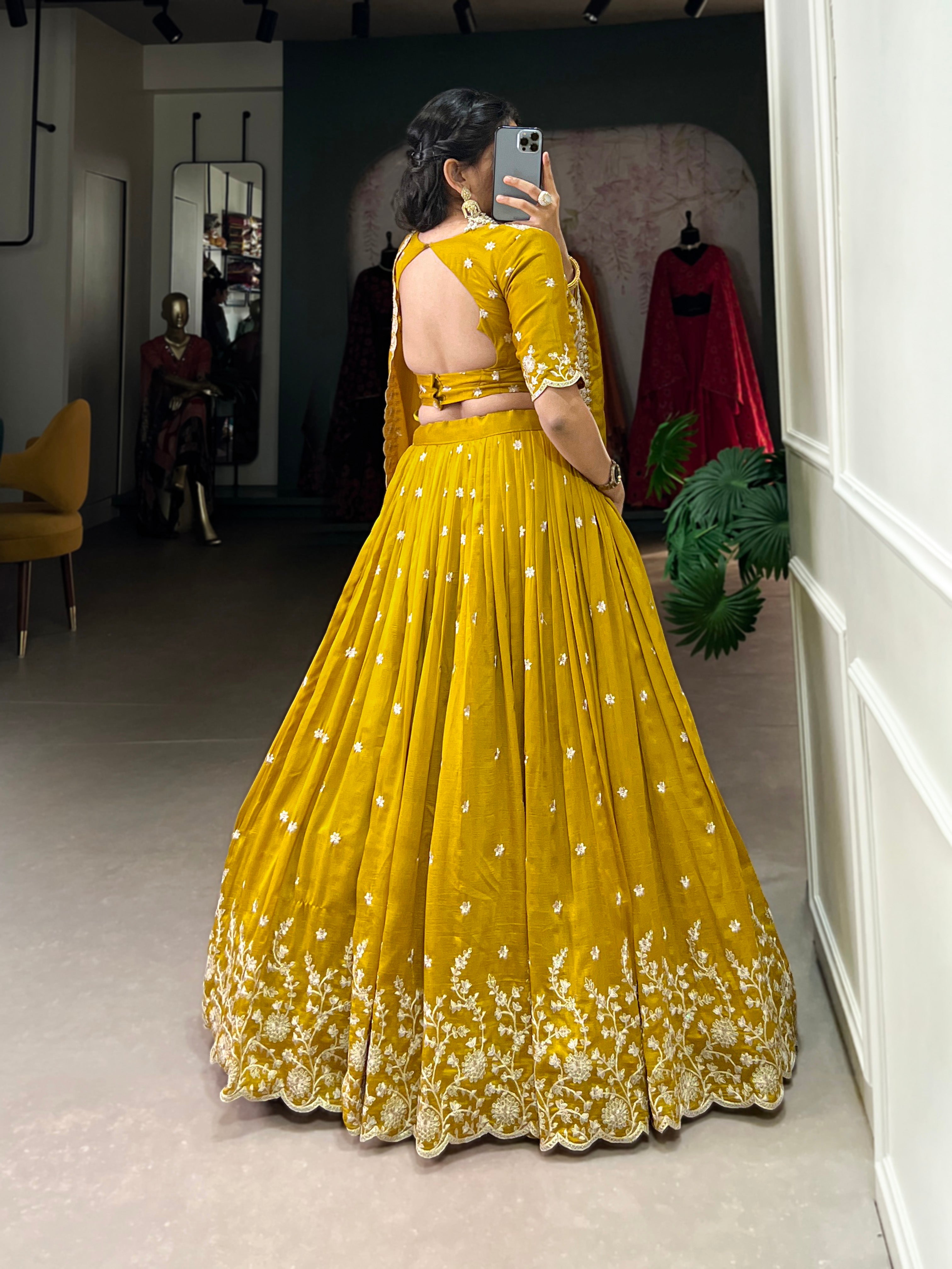 Mustard Yellow Embroidered Vichitra Silk Lehenga Set with Sequins Detailing