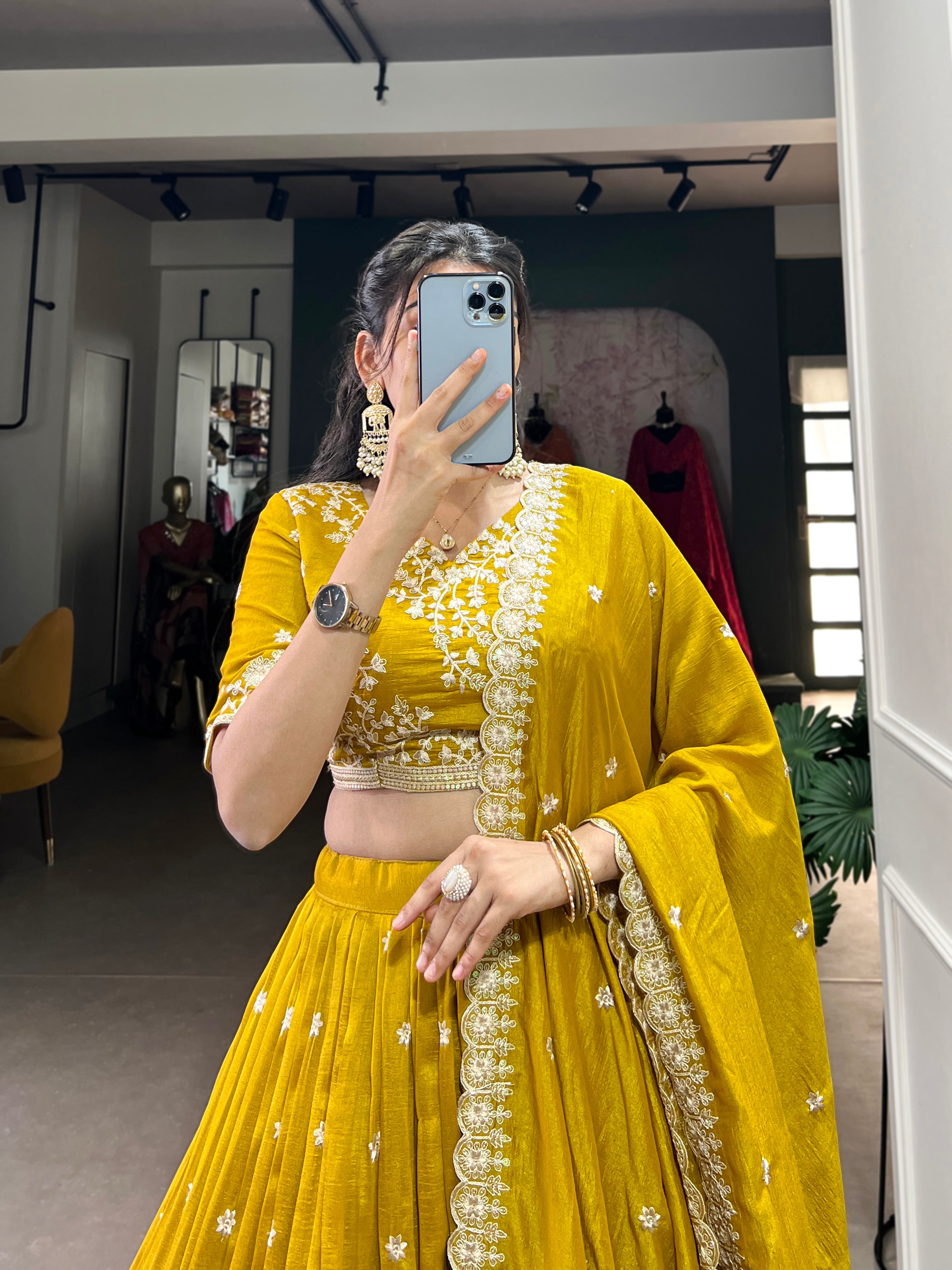 Mustard Yellow Embroidered Vichitra Silk Lehenga Set with Sequins Detailing